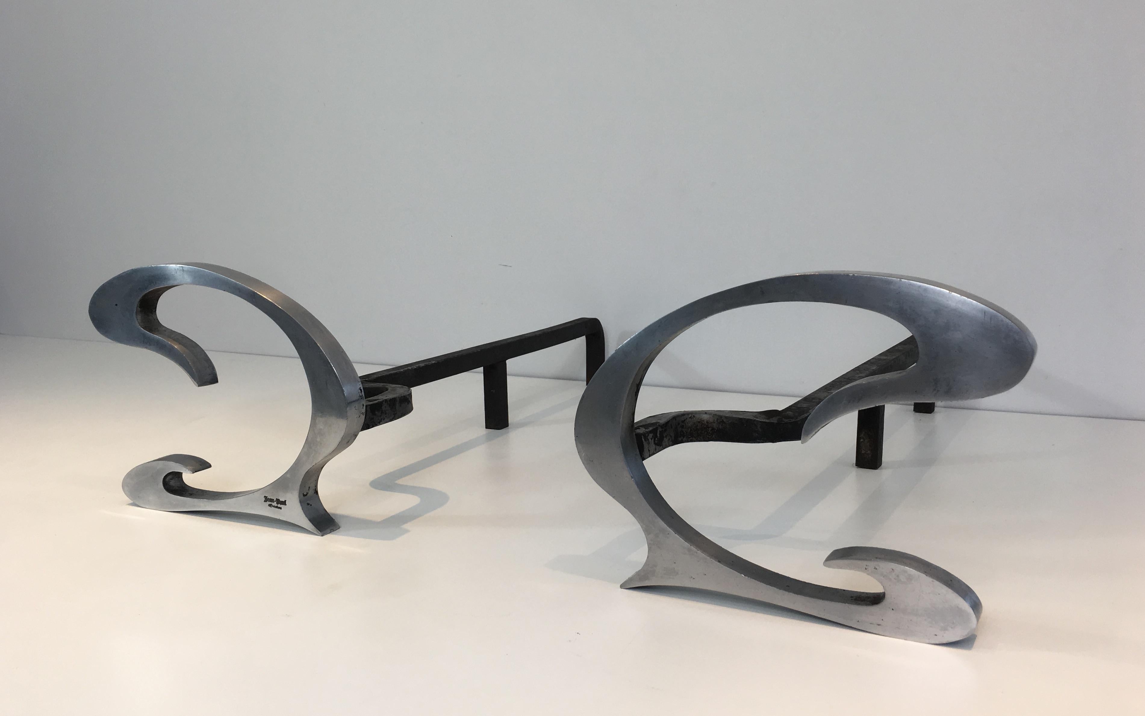 Pair of Design Brushed Steel and Iron Andirons, Signed, French, circa 1970 For Sale 7