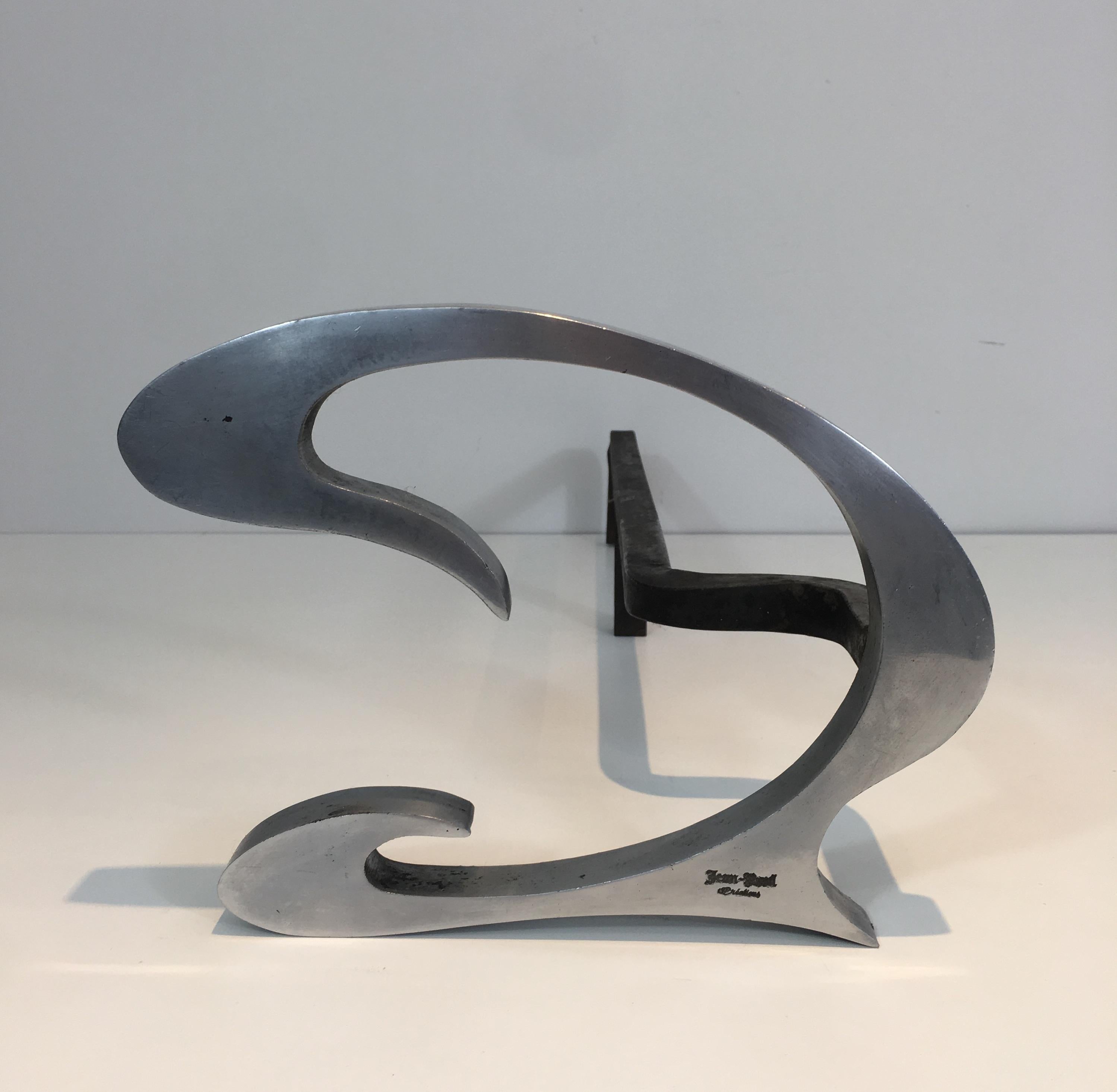 Late 20th Century Pair of Design Brushed Steel and Iron Andirons, Signed, French, circa 1970 For Sale