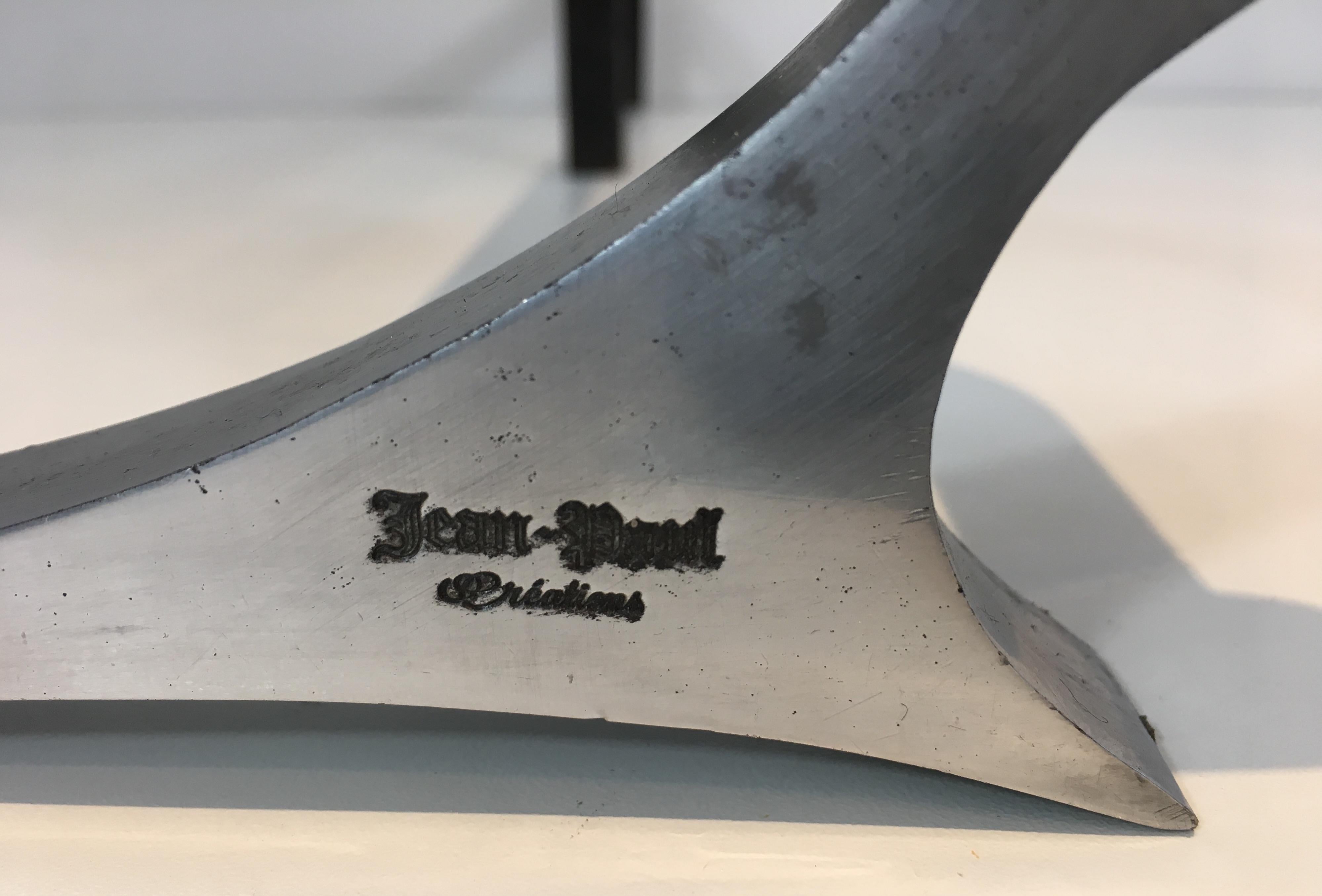 Pair of Design Brushed Steel and Iron Andirons, Signed, French, circa 1970 For Sale 1
