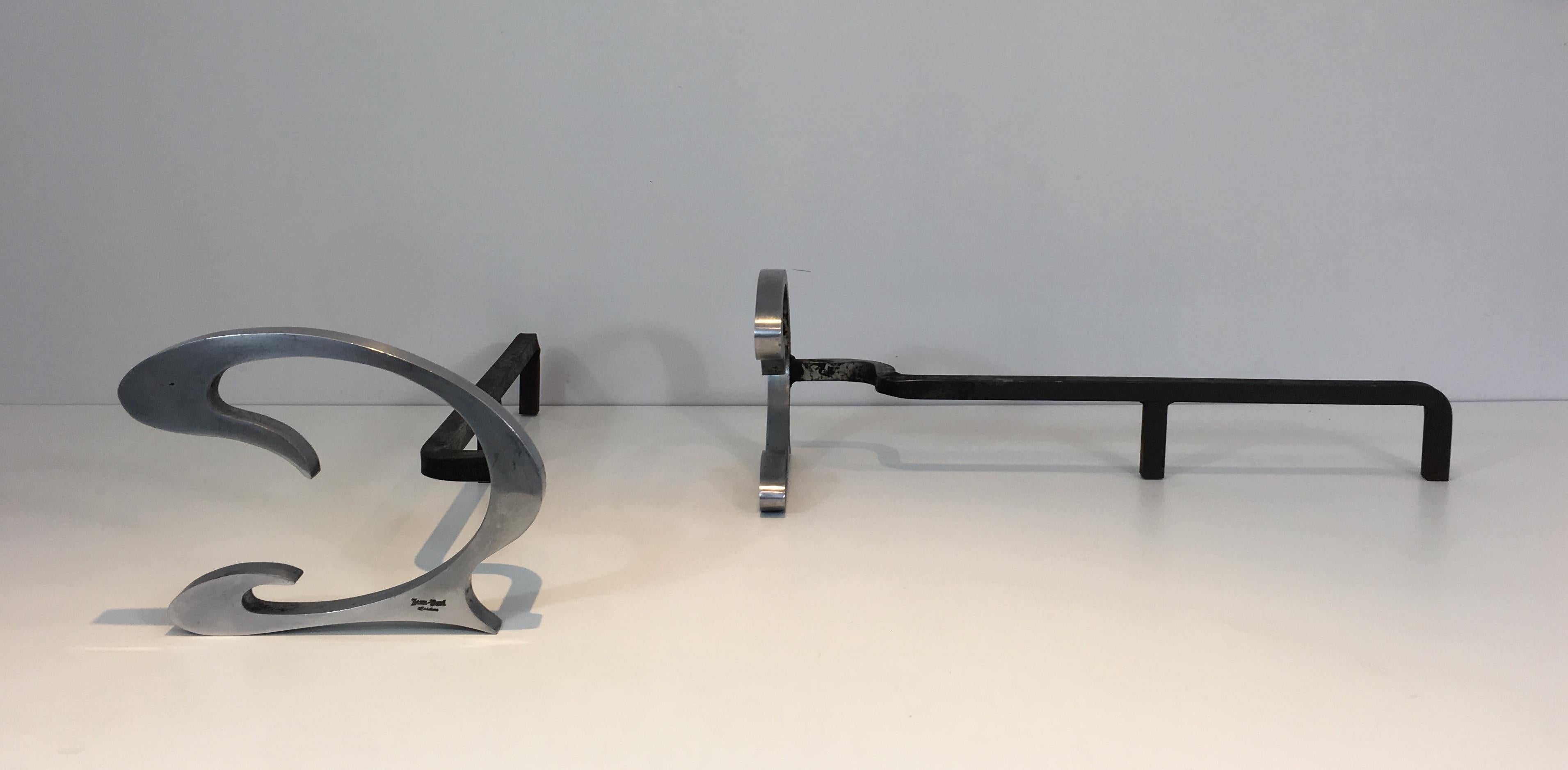 Pair of Design Brushed Steel and Iron Andirons, Signed, French, circa 1970 For Sale 2
