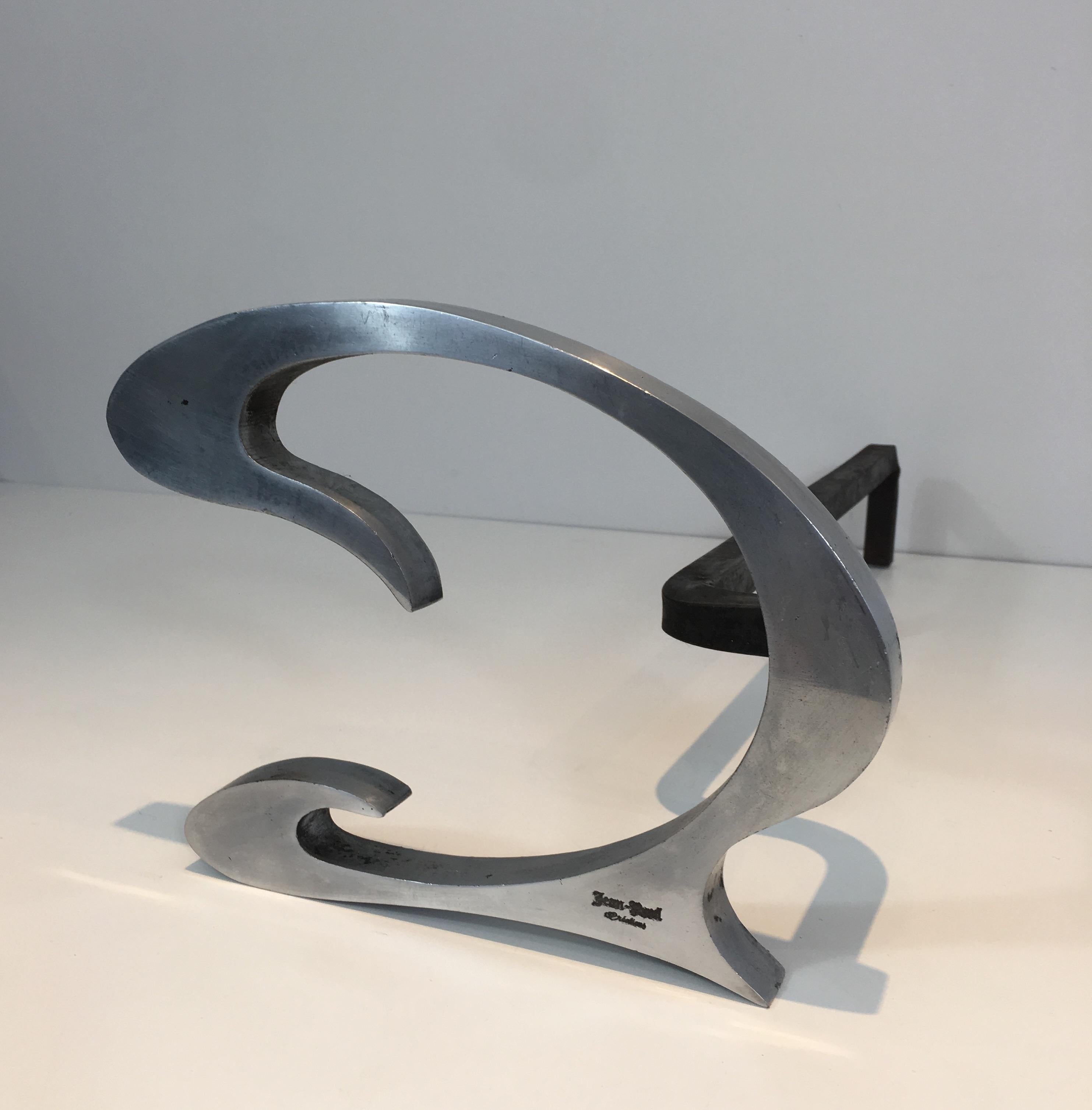 Pair of Design Brushed Steel and Iron Andirons, Signed, French, circa 1970 For Sale 3