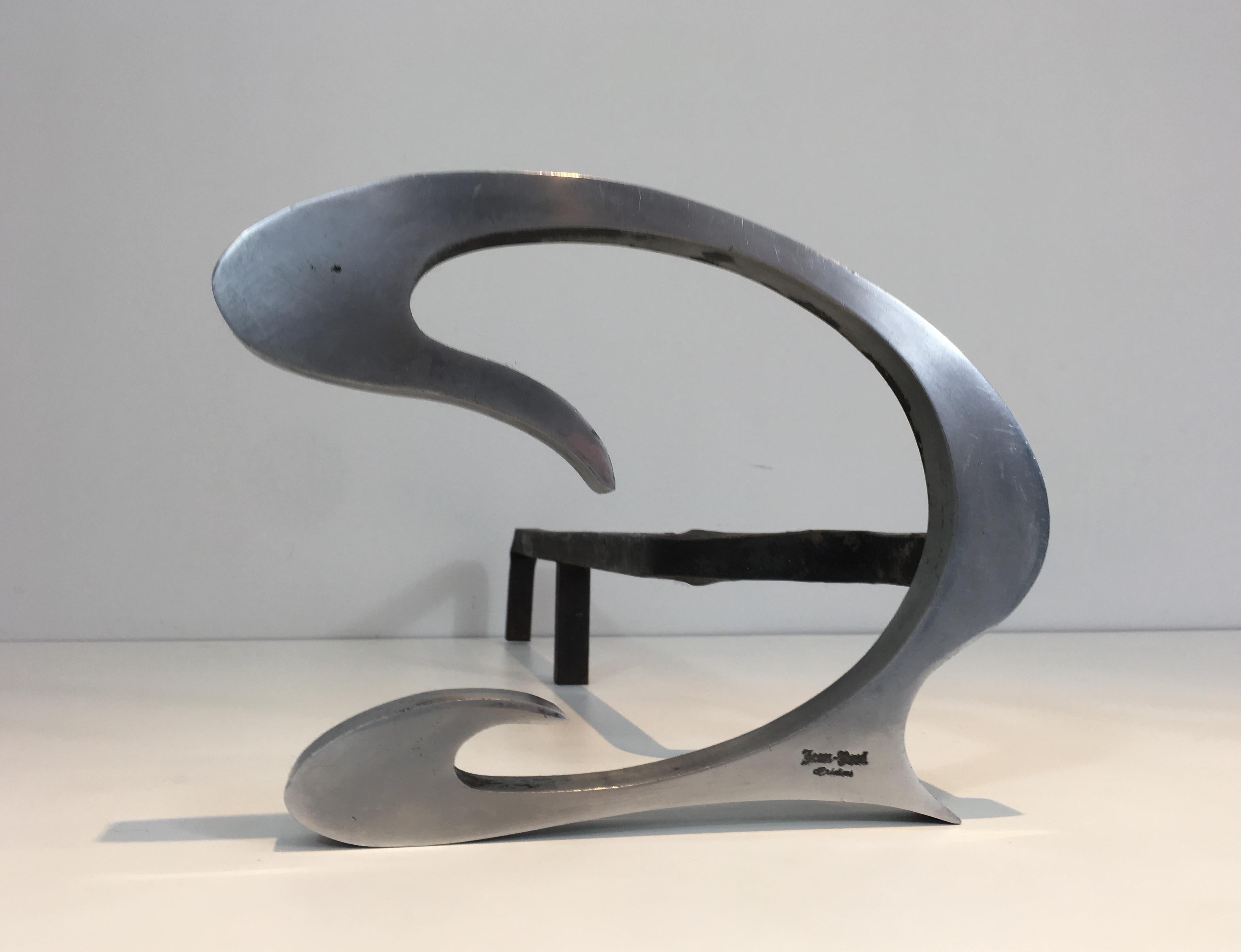 Pair of Design Brushed Steel and Iron Andirons, Signed, French, circa 1970 For Sale 4