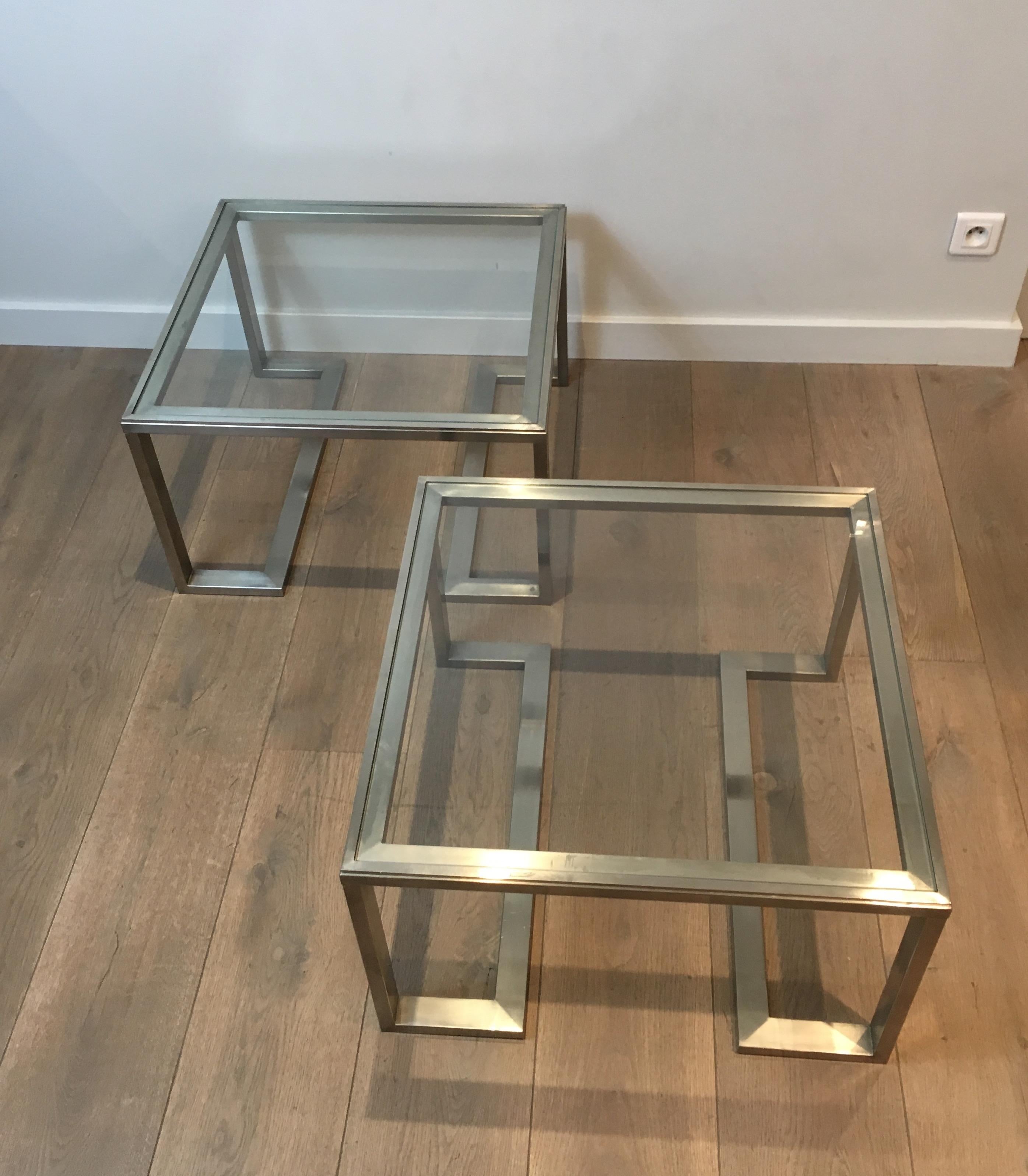 Pair of Design Brushed Steel Side Tables, French, circa 1970 For Sale 13