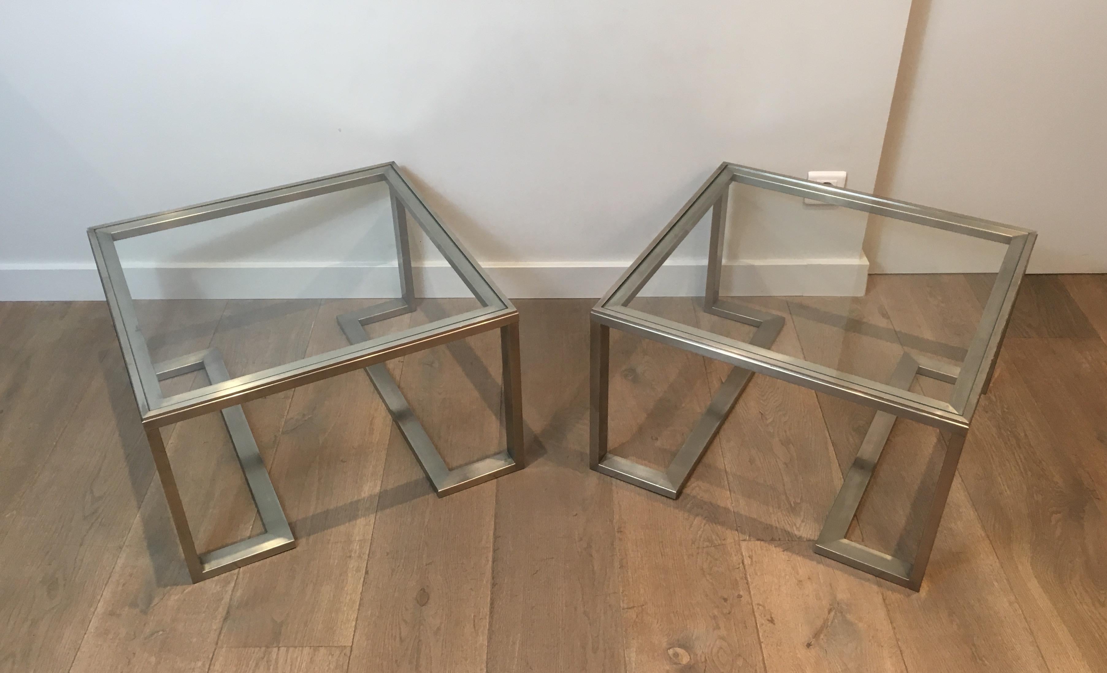 Pair of Design Brushed Steel Side Tables, French, circa 1970 For Sale 15