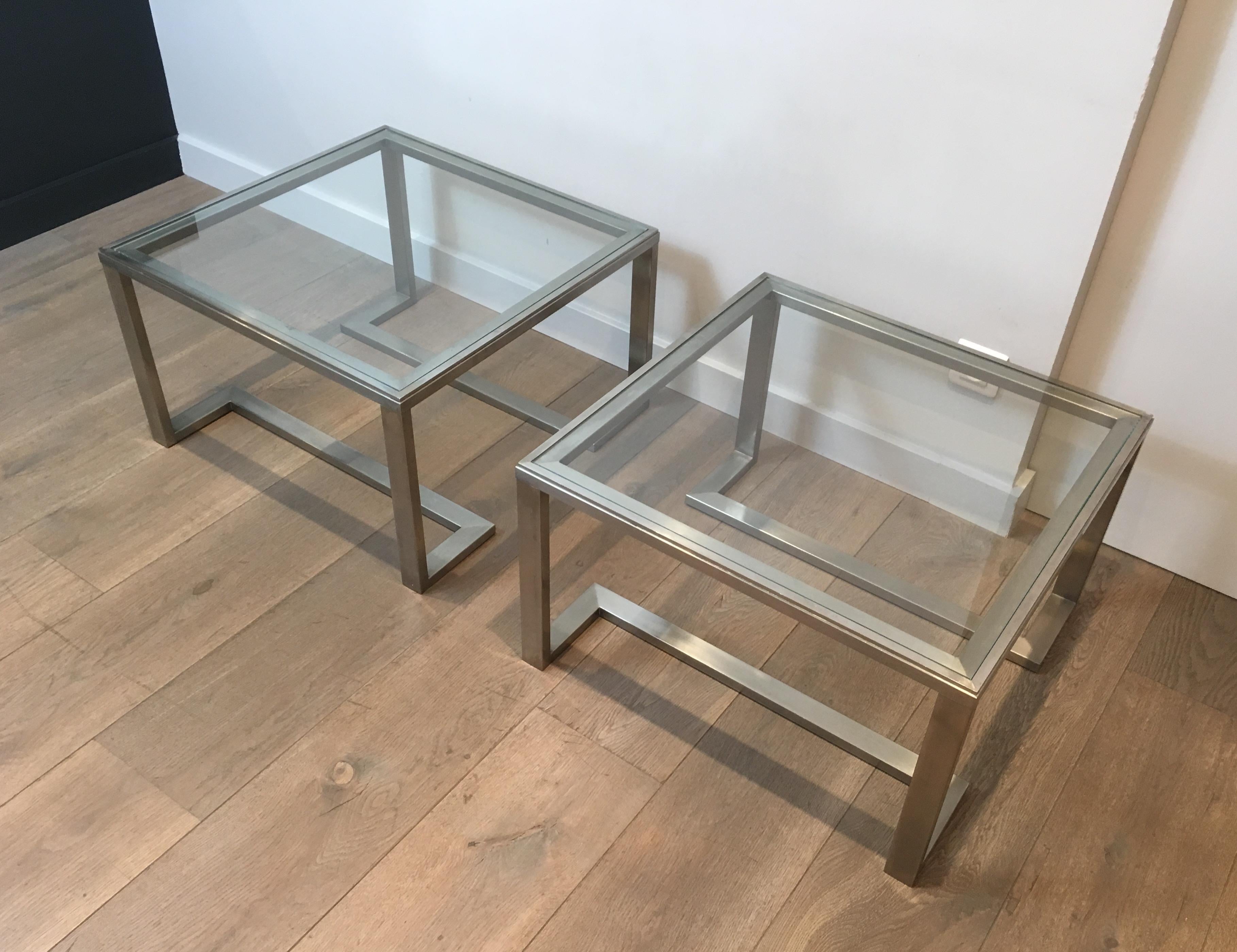 Late 20th Century Pair of Design Brushed Steel Side Tables, French, circa 1970 For Sale