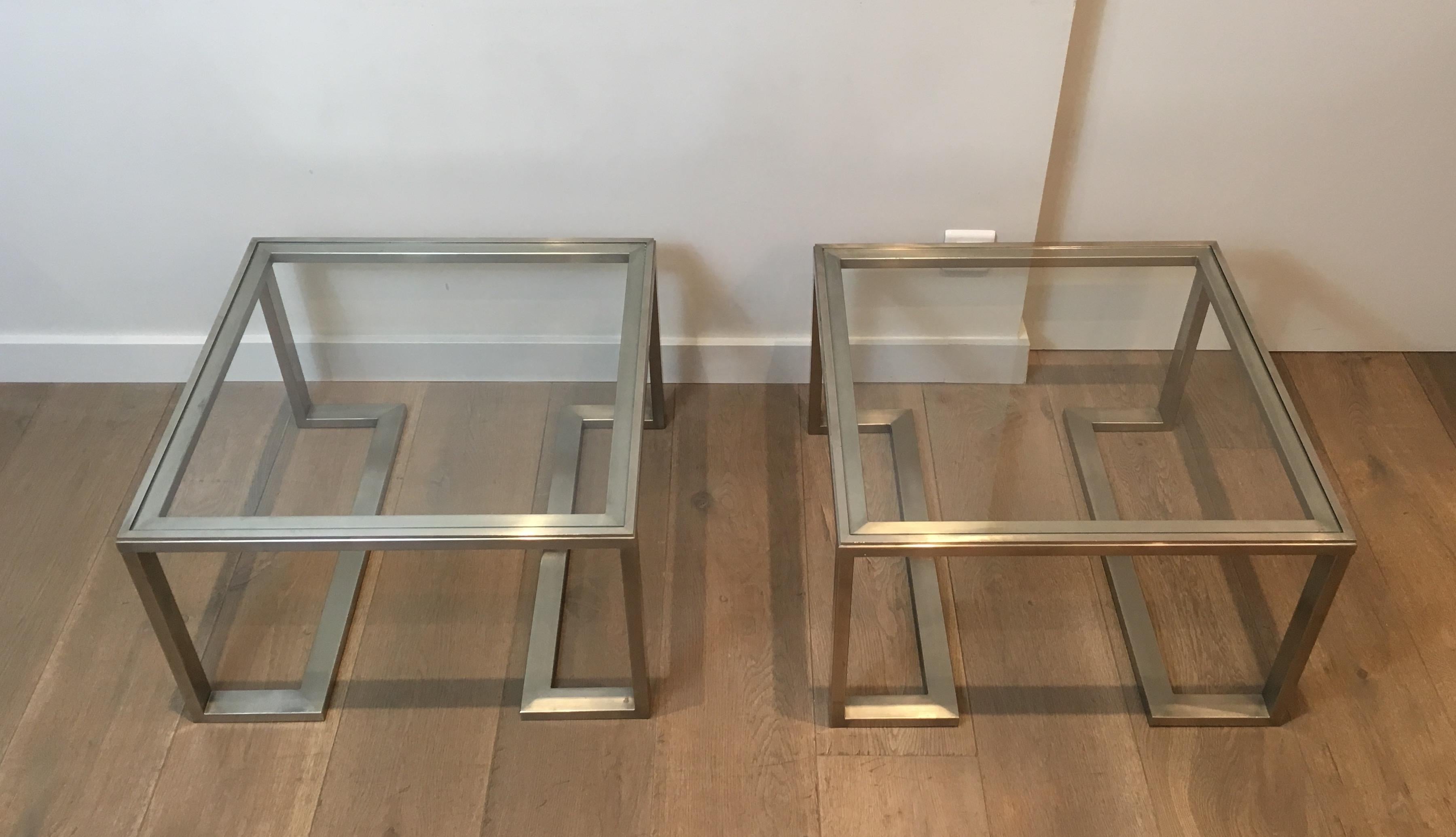 Glass Pair of Design Brushed Steel Side Tables, French, circa 1970 For Sale