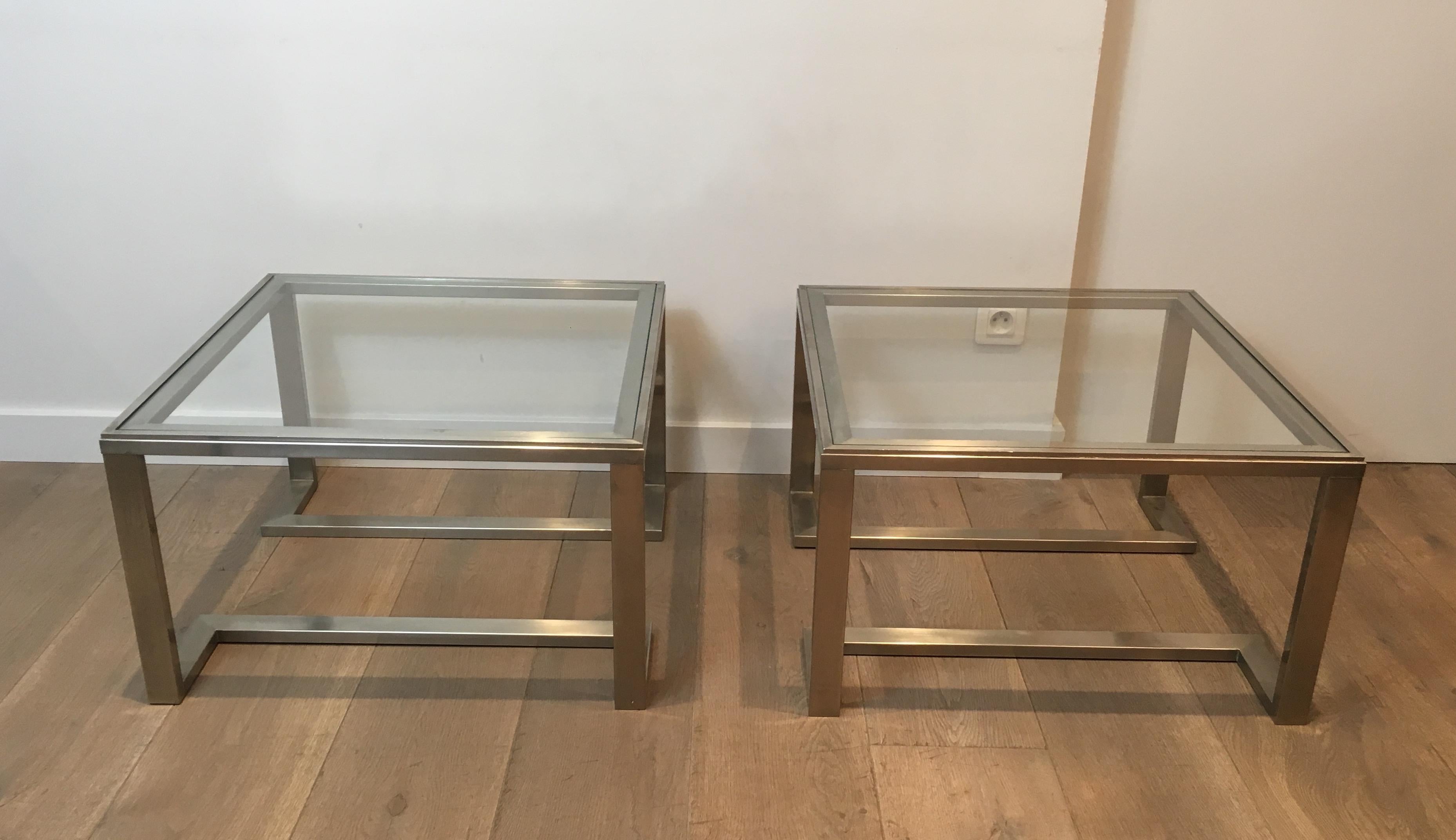 Pair of Design Brushed Steel Side Tables, French, circa 1970 For Sale 1