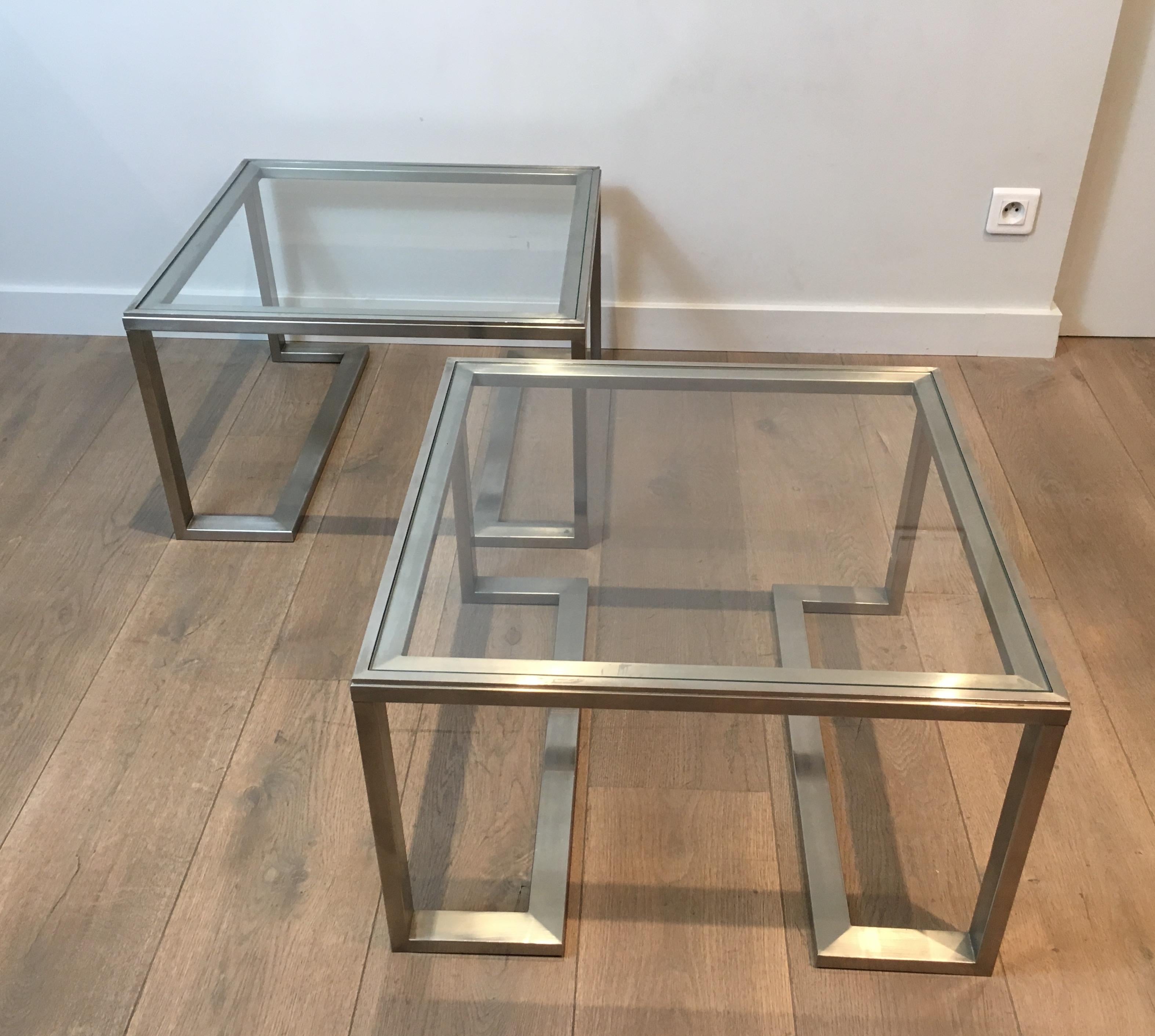 Pair of Design Brushed Steel Side Tables, French, circa 1970 For Sale 4