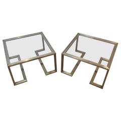 Pair of Design Brushed Steel Side Tables, French, circa 1970
