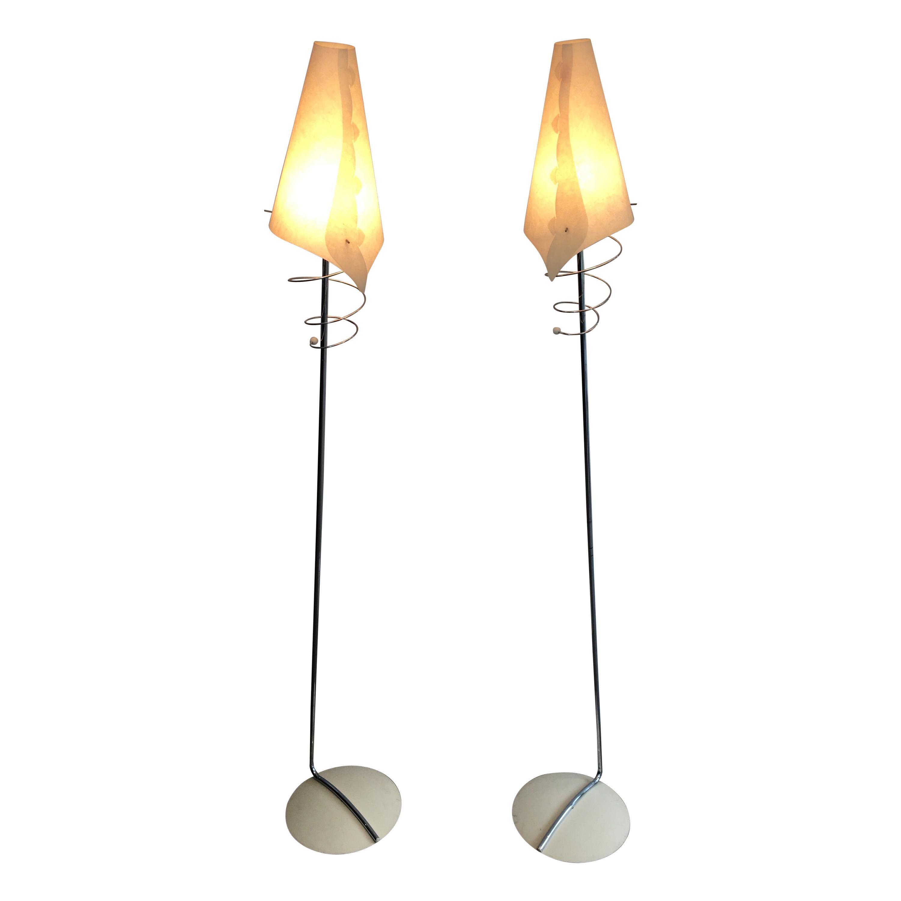 Pair of Design Floor Lamps in Chrome, with White Lacquered Bases and Design