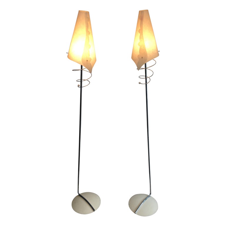 Pair of Design Floor Lamps in Chrome, with White Lacquered Bases and