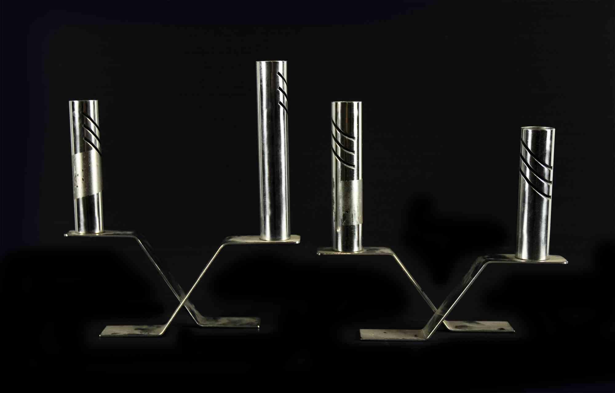 Italian Pair of Design Metal Candlesticks, Made in Italy, Mid-20th Century For Sale