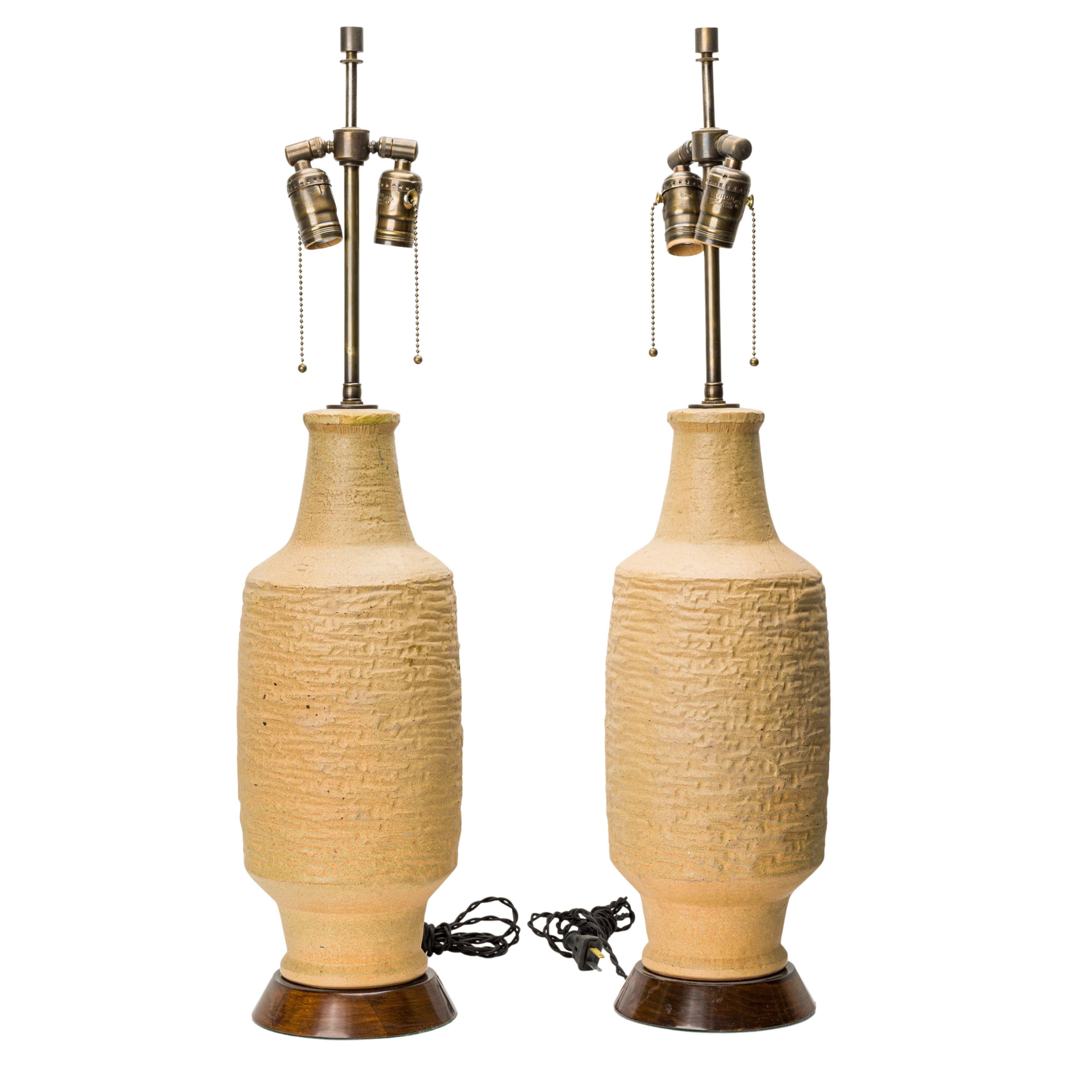 Pair of Design Technics Mid-Century Textured Beige Ceramic Table Lamps For Sale