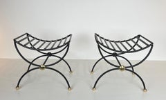 Pair of Design Wrought Iron and Brass Curule Stools