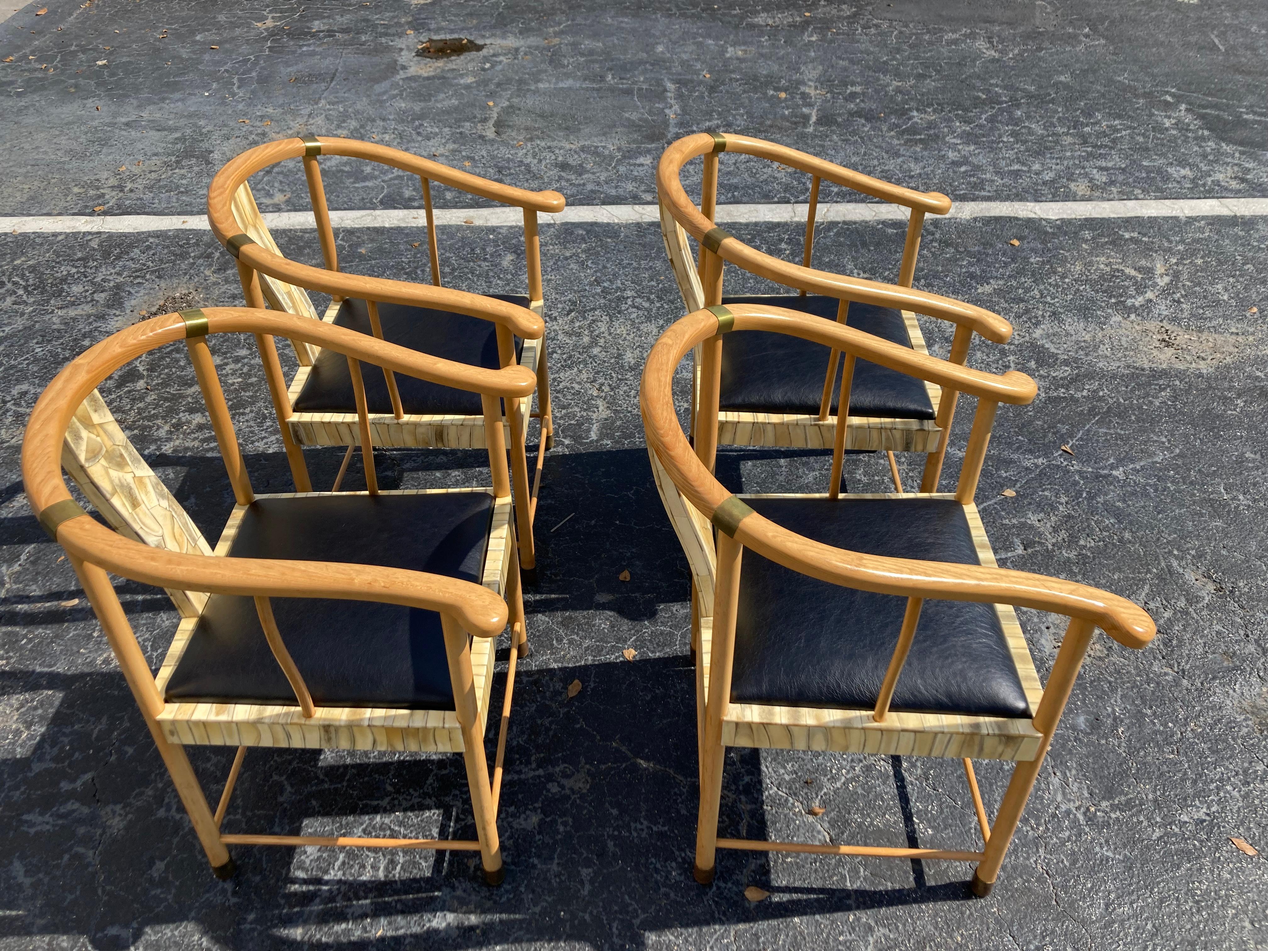 Pair of Designer Chairs, Bone, Black Leather, Brass For Sale 11
