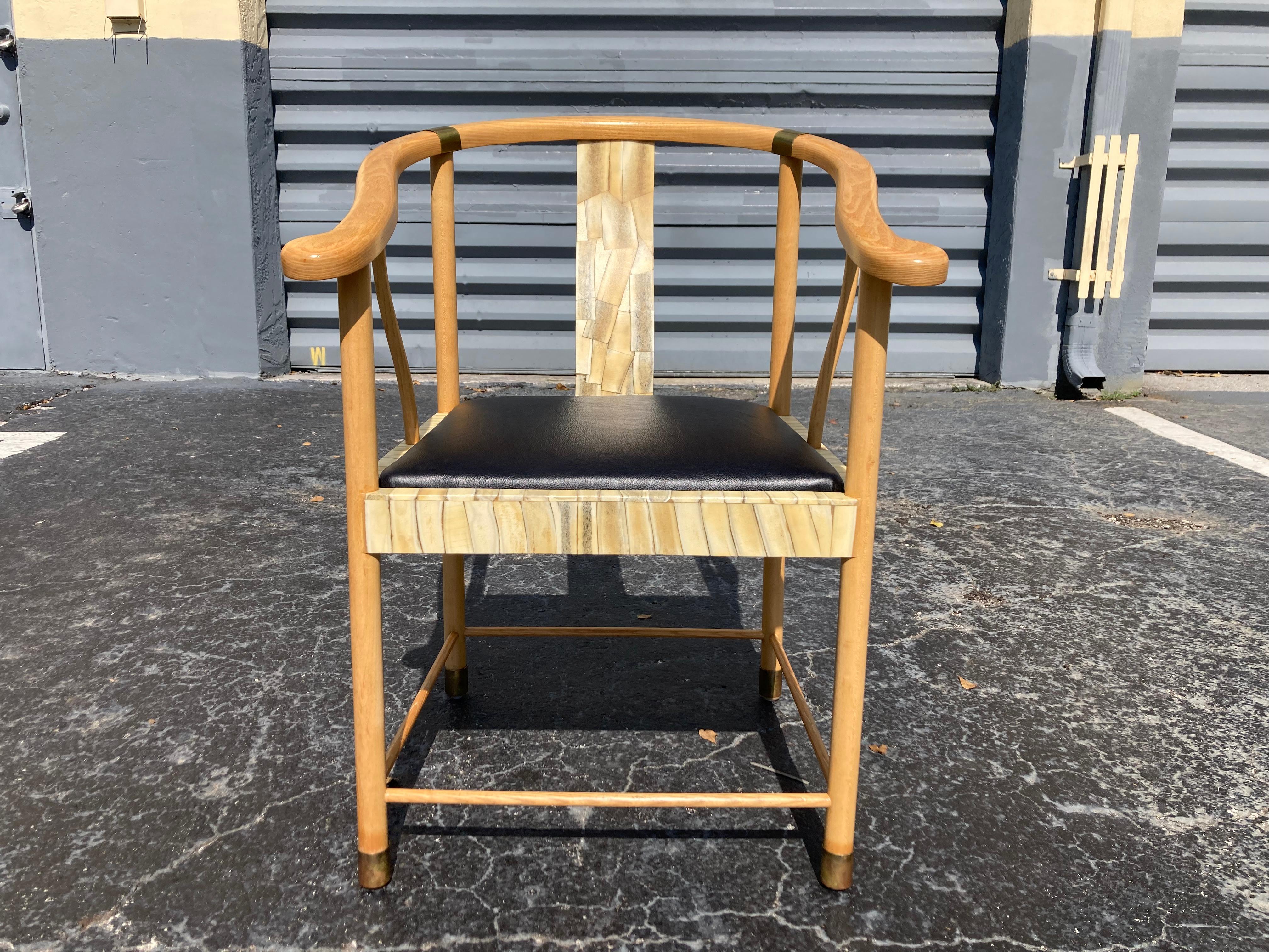 Pair of Designer Chairs, Bone, Black Leather, Brass For Sale 14