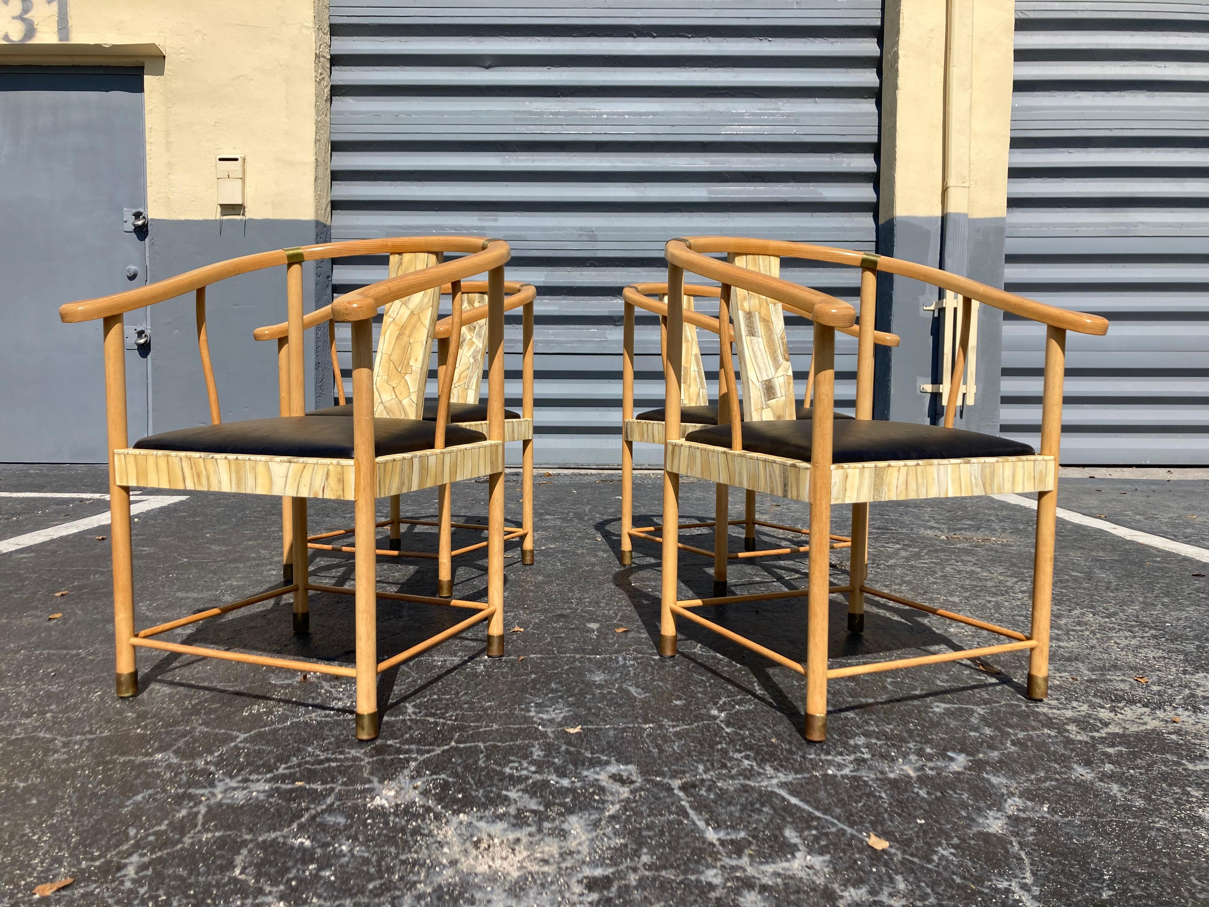 Modern Pair of Designer Chairs, Bone, Black Leather, Brass For Sale