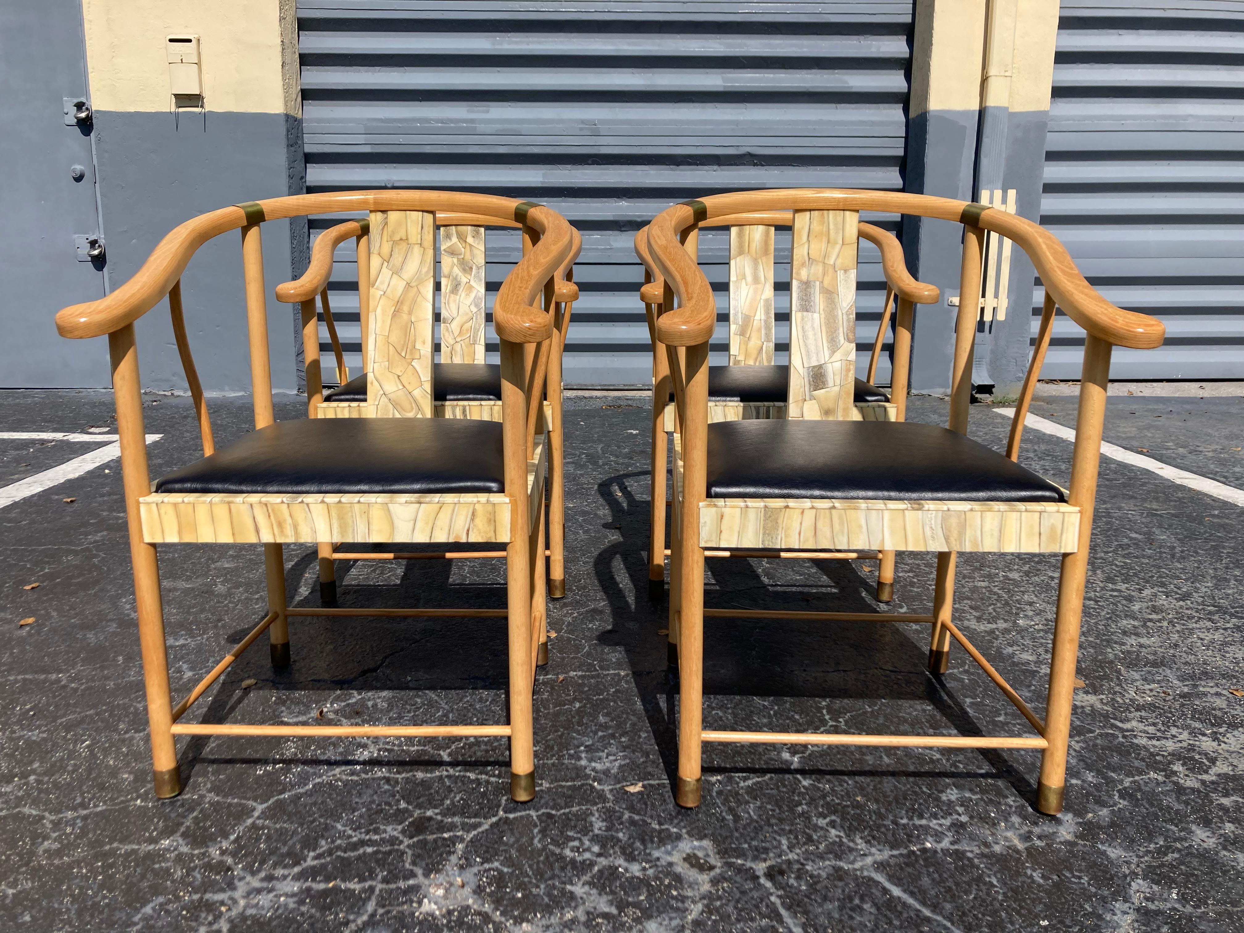 American Pair of Designer Chairs, Bone, Black Leather, Brass For Sale