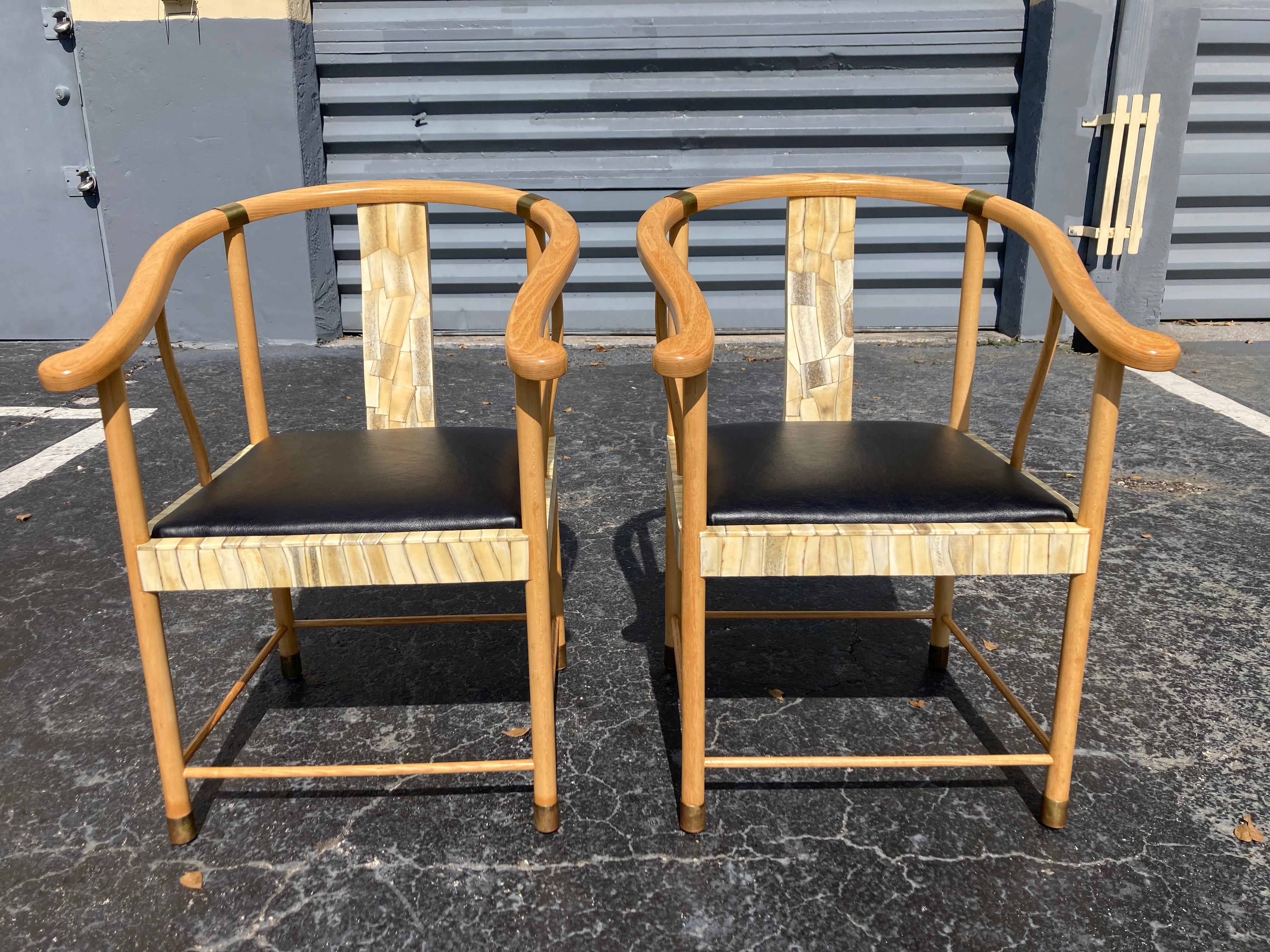 Late 20th Century Pair of Designer Chairs, Bone, Black Leather, Brass For Sale
