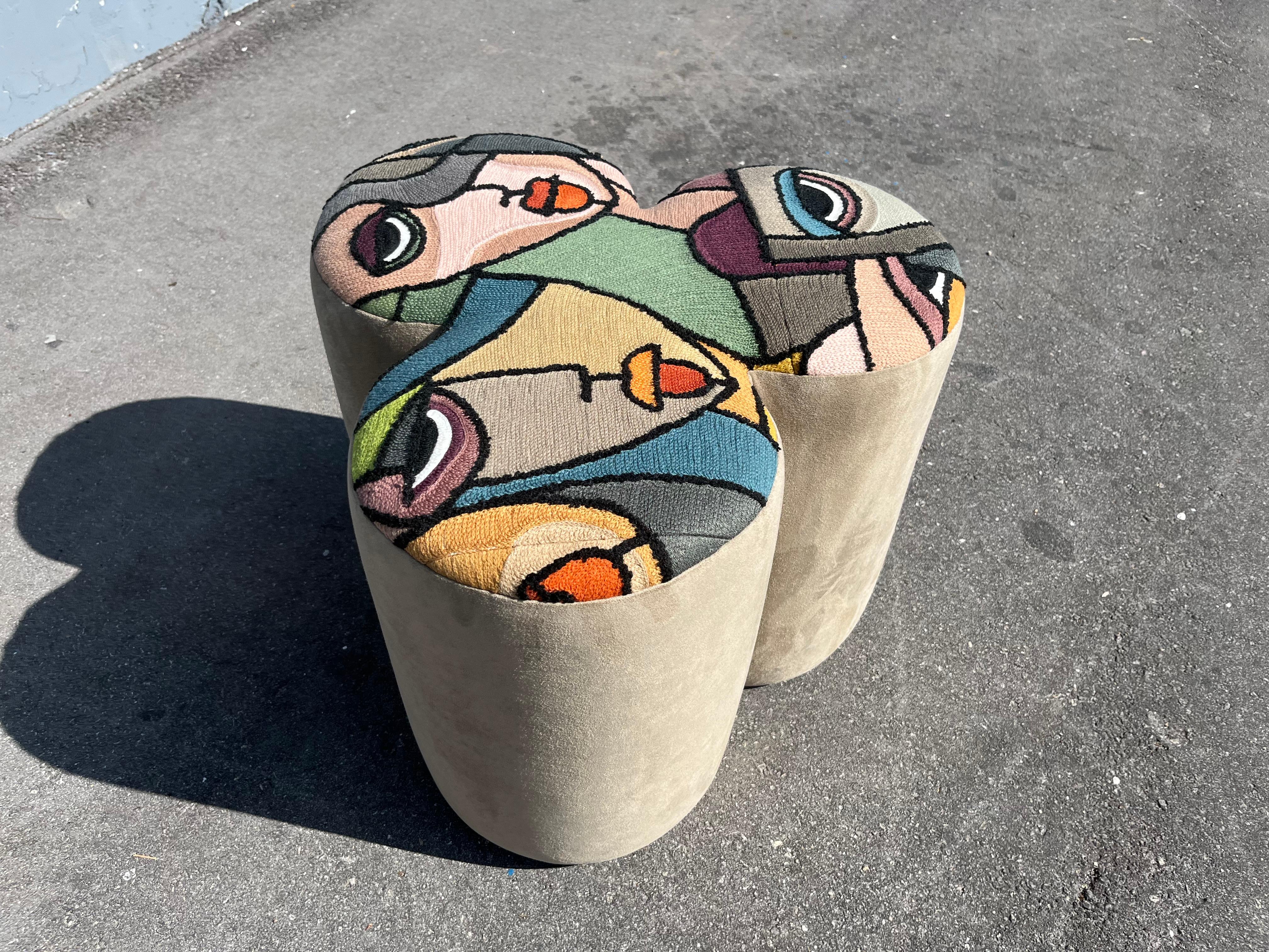 Pair of Designer Poufs, Stools, Ottomans, Patchwork Fabric, Italy For Sale 5