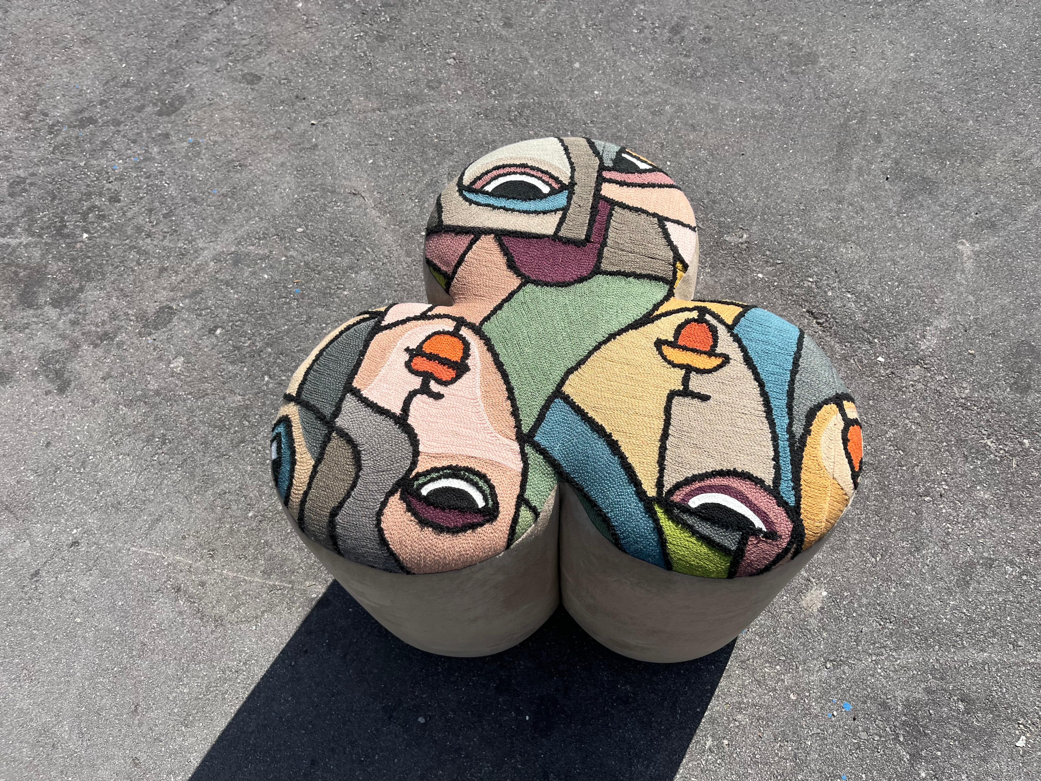 Pair of Designer Poufs, Stools, Ottomans, Patchwork Fabric, Italy For Sale 6