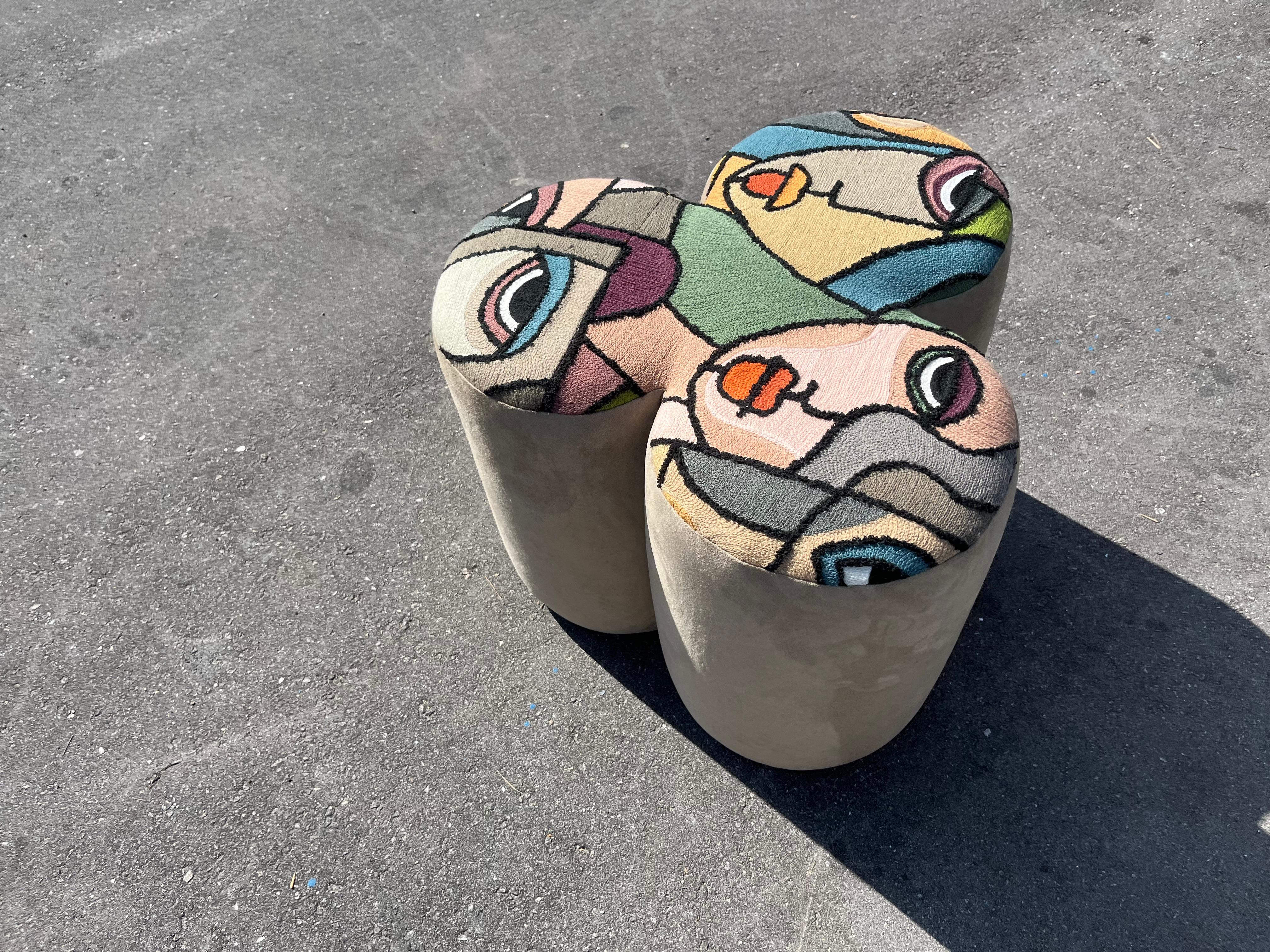 Pair of Designer Poufs, Stools, Ottomans, Patchwork Fabric, Italy For Sale 7