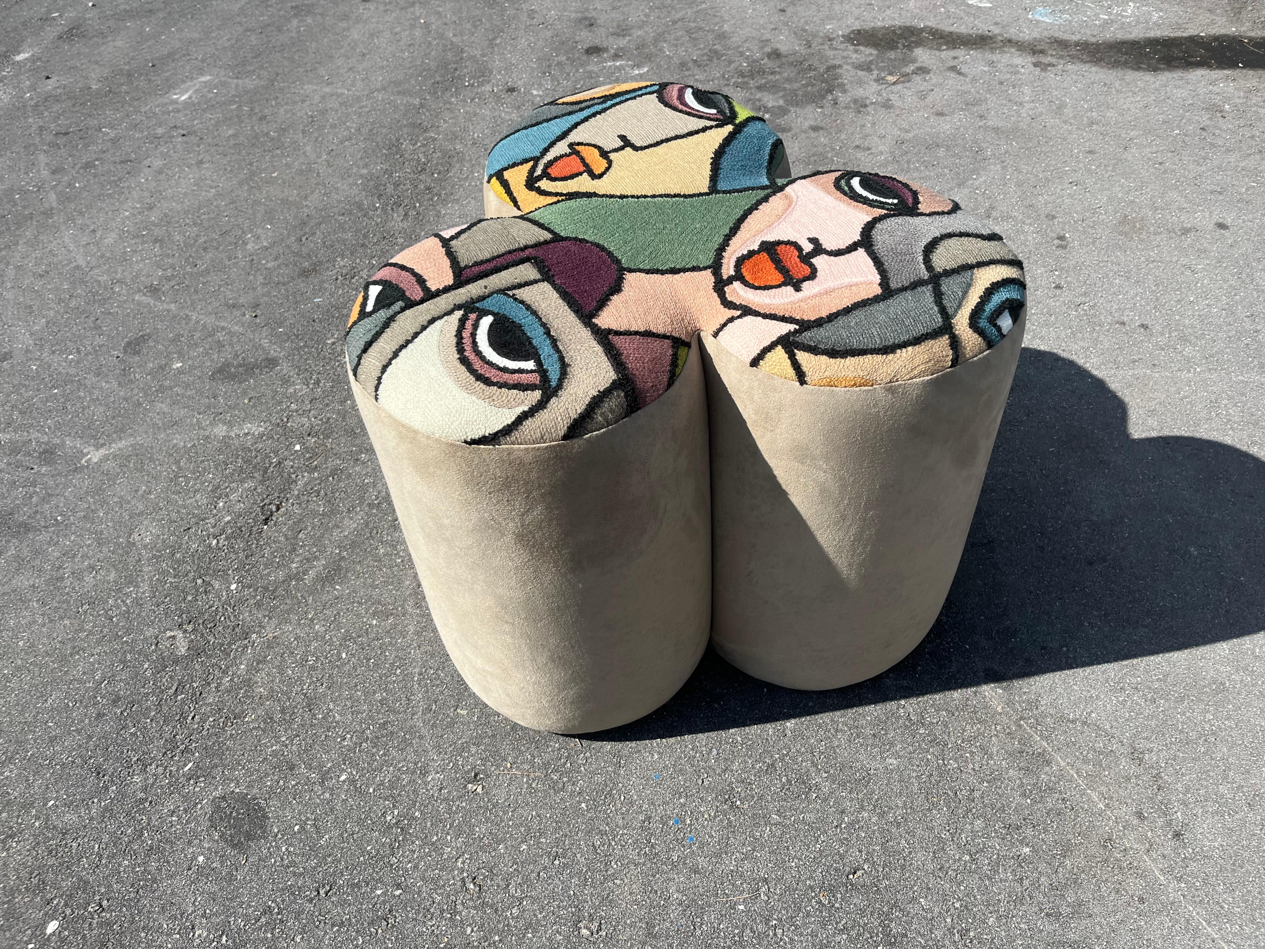Pair of Designer Poufs, Stools, Ottomans, Patchwork Fabric, Italy For Sale 8