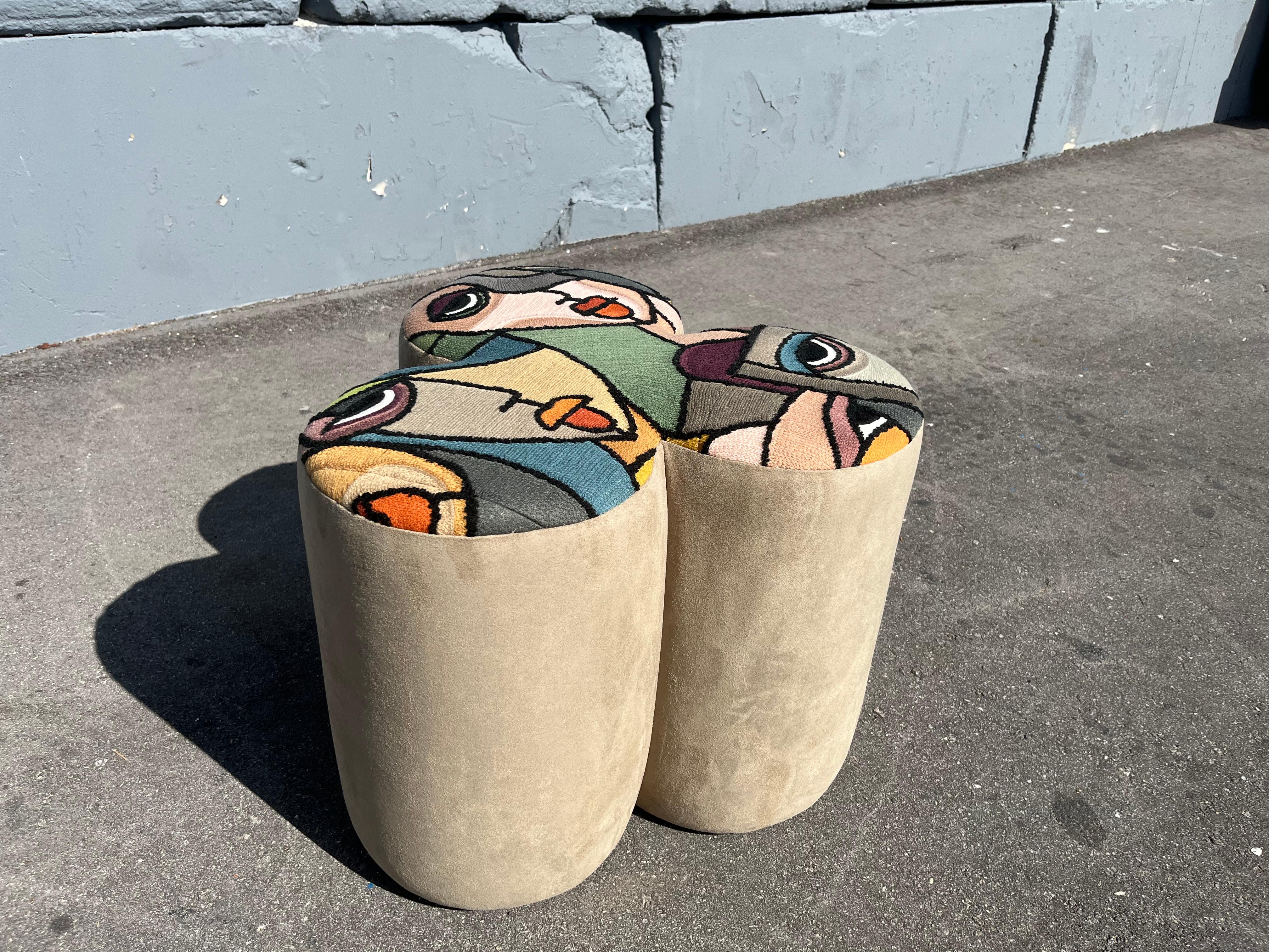 Pair of Designer Poufs, Stools, Ottomans, Patchwork Fabric, Italy For Sale 9
