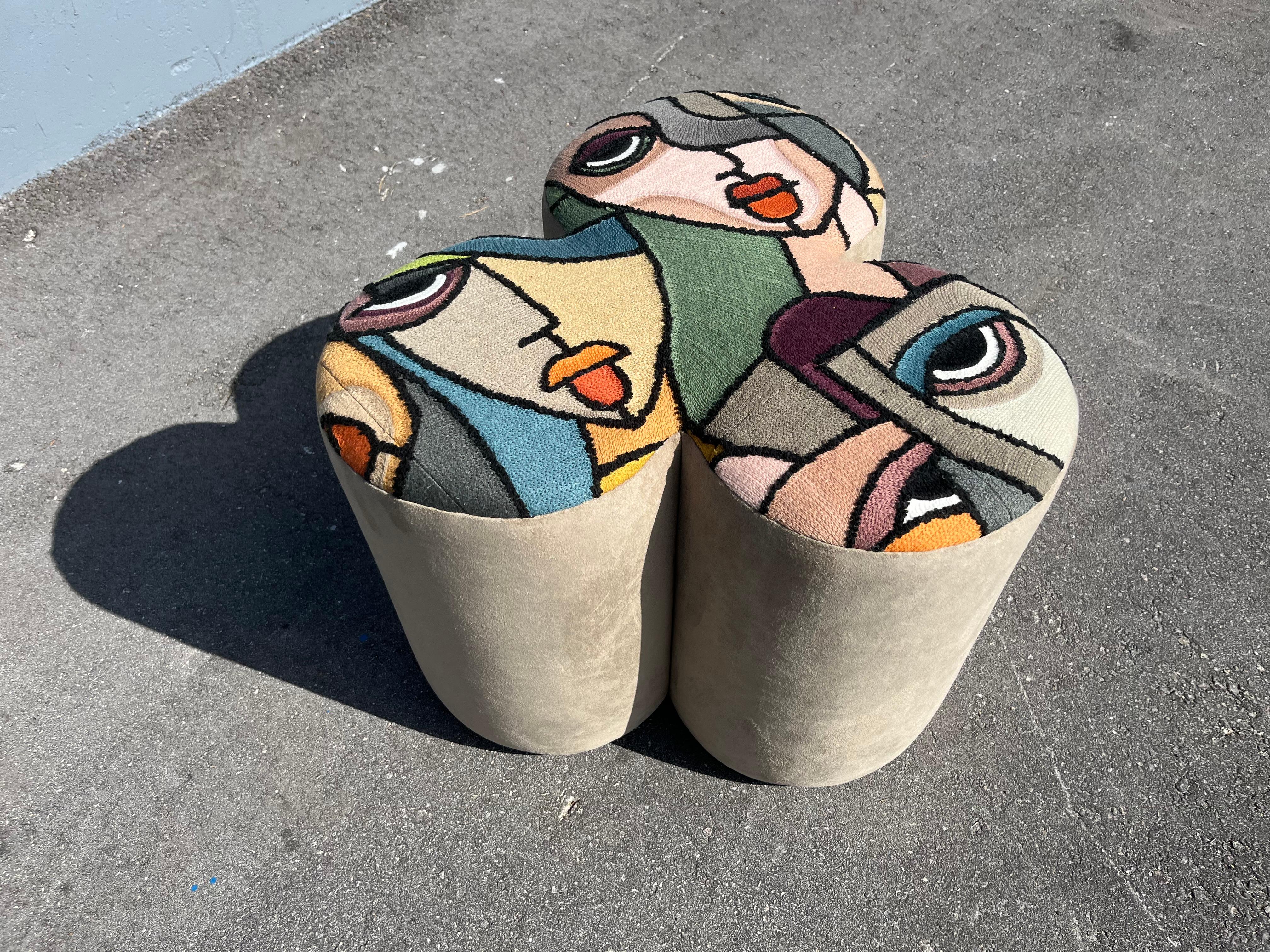 Pair of Designer Poufs, Stools, Ottomans, Patchwork Fabric, Italy For Sale 11