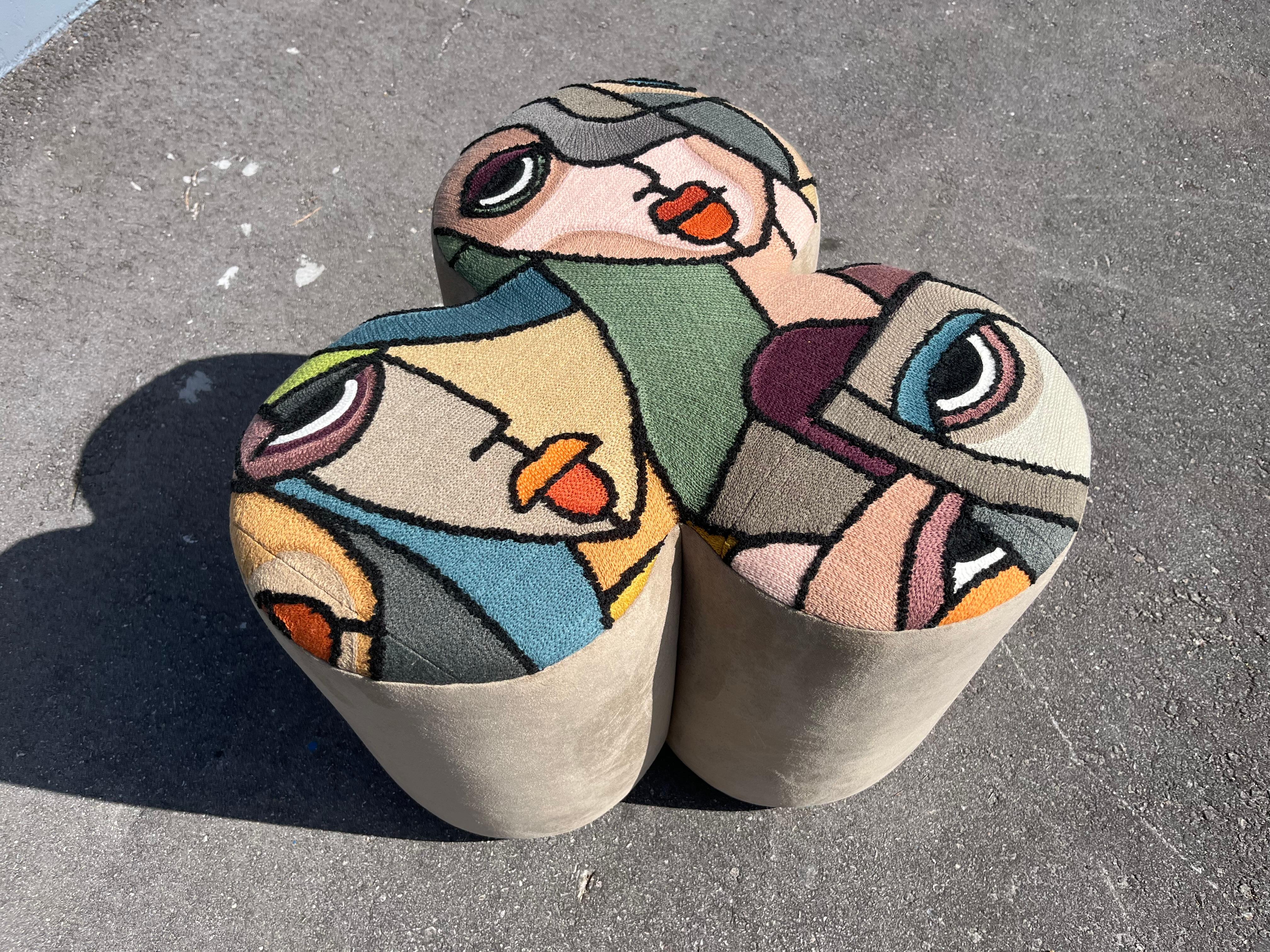 Pair of Designer Poufs, Stools, Ottomans, Patchwork Fabric, Italy For Sale 12