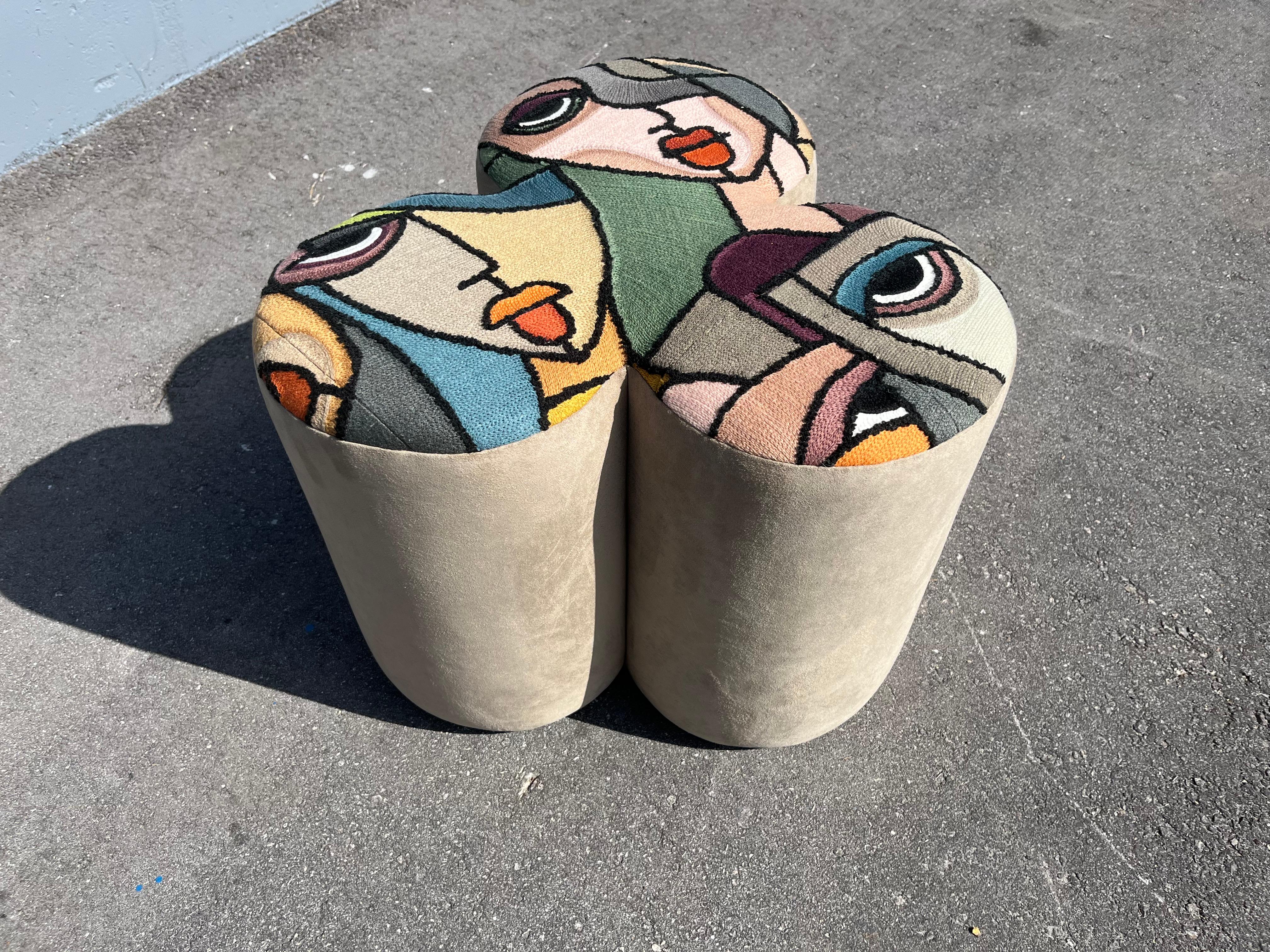 Pair of Designer Poufs, Stools, Ottomans, Patchwork Fabric, Italy For Sale 13