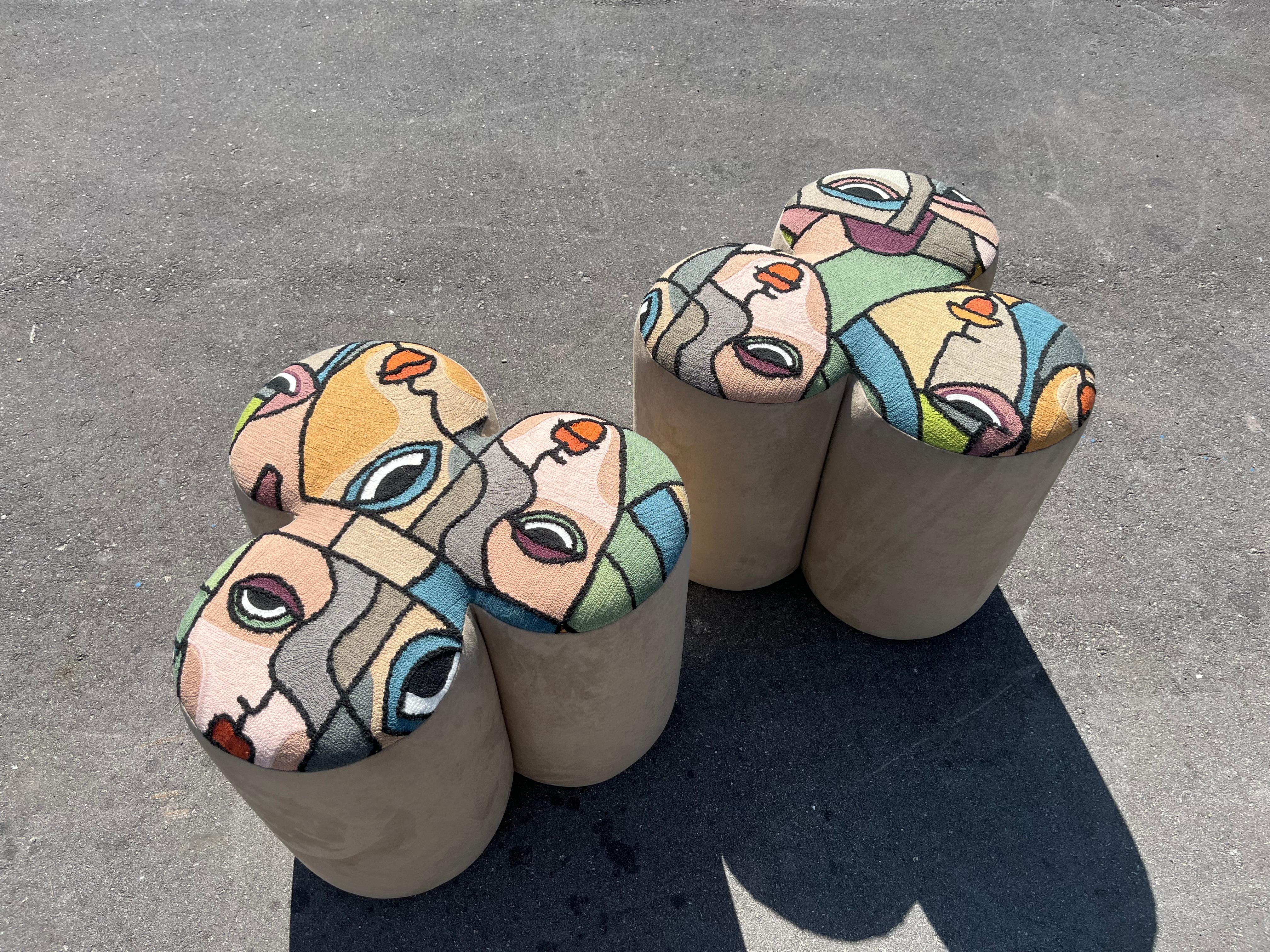 Modern Pair of Designer Poufs, Stools, Ottomans, Patchwork Fabric, Italy For Sale