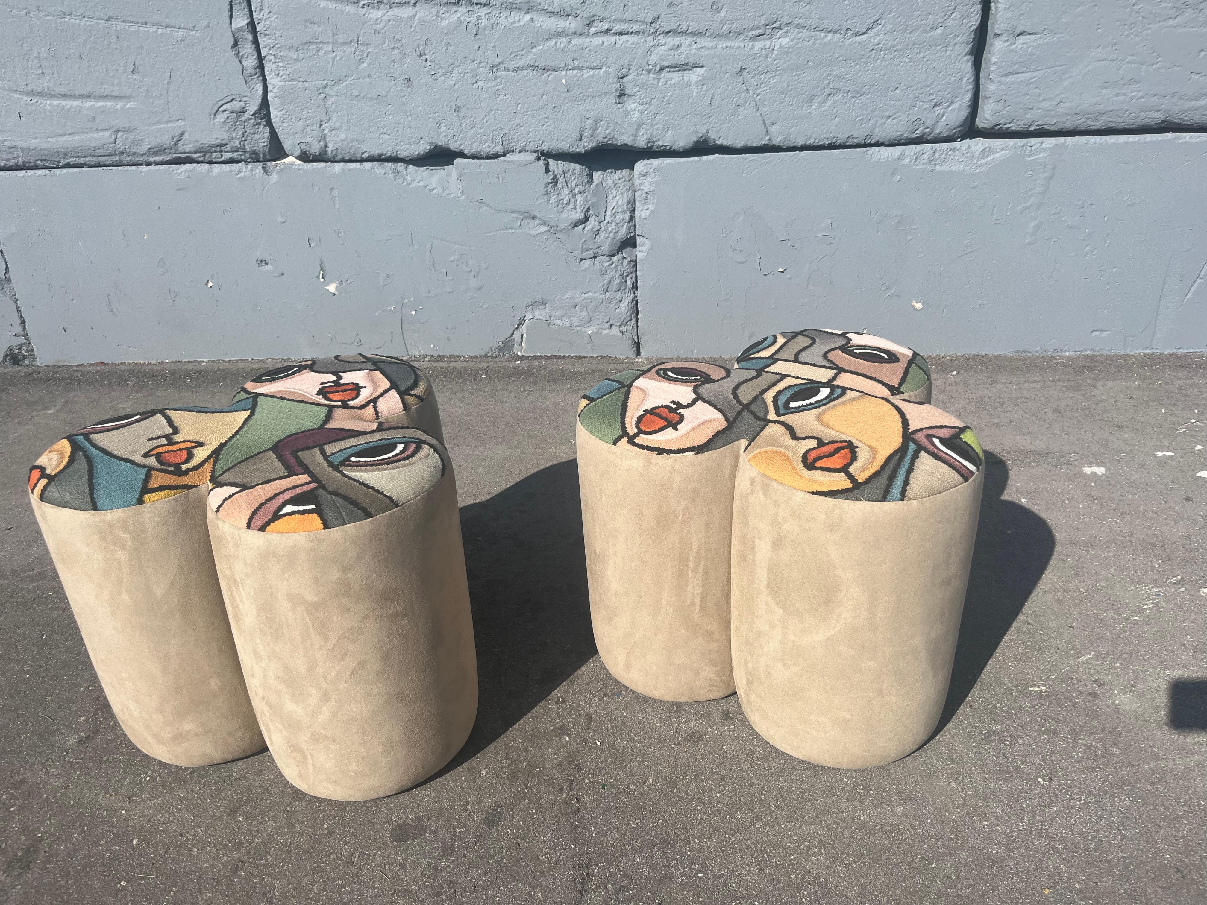 American Pair of Designer Poufs, Stools, Ottomans, Patchwork Fabric, Italy For Sale