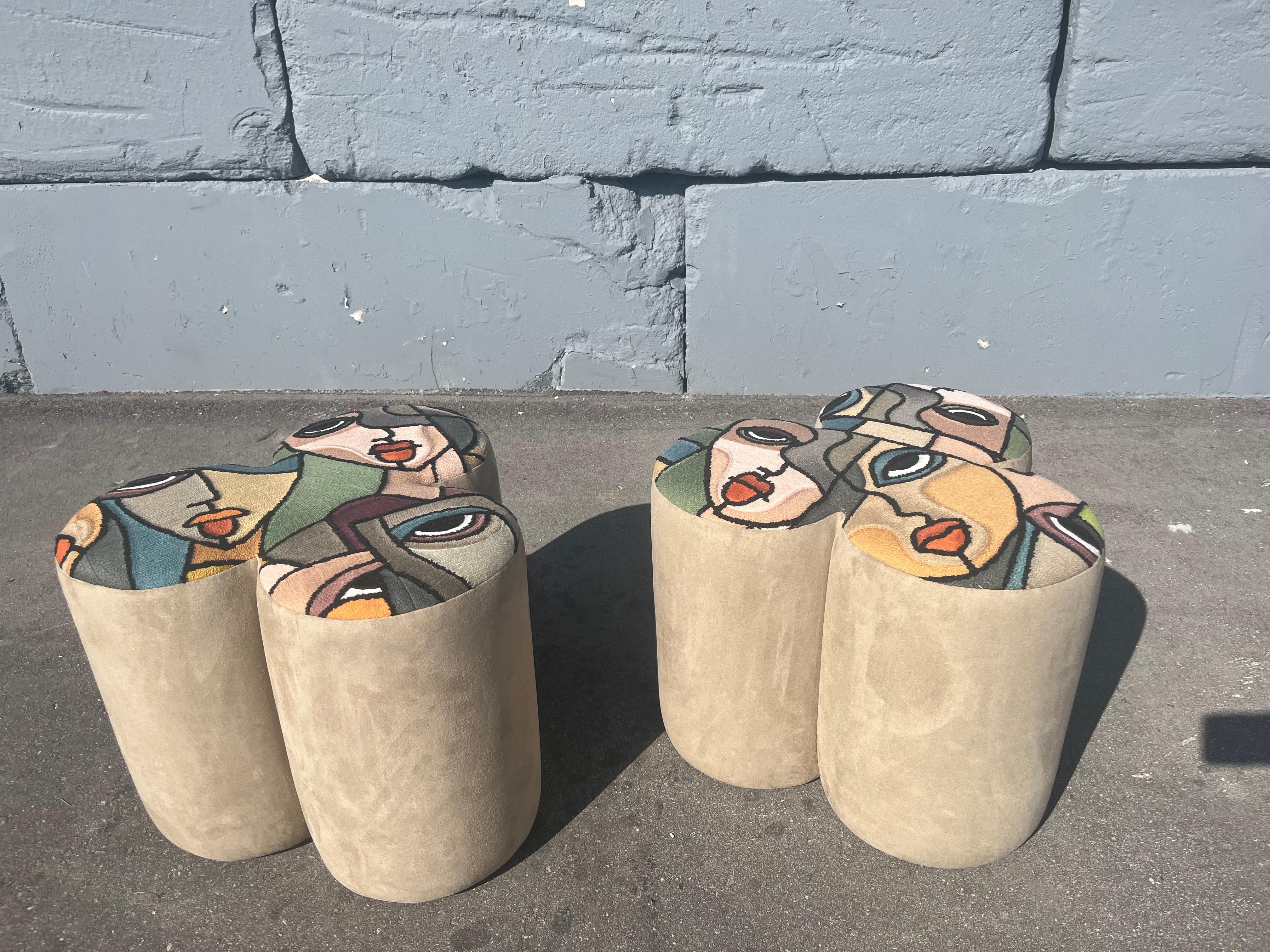 Pair of Designer Poufs, Stools, Ottomans, Patchwork Fabric, Italy In Excellent Condition For Sale In Miami, FL