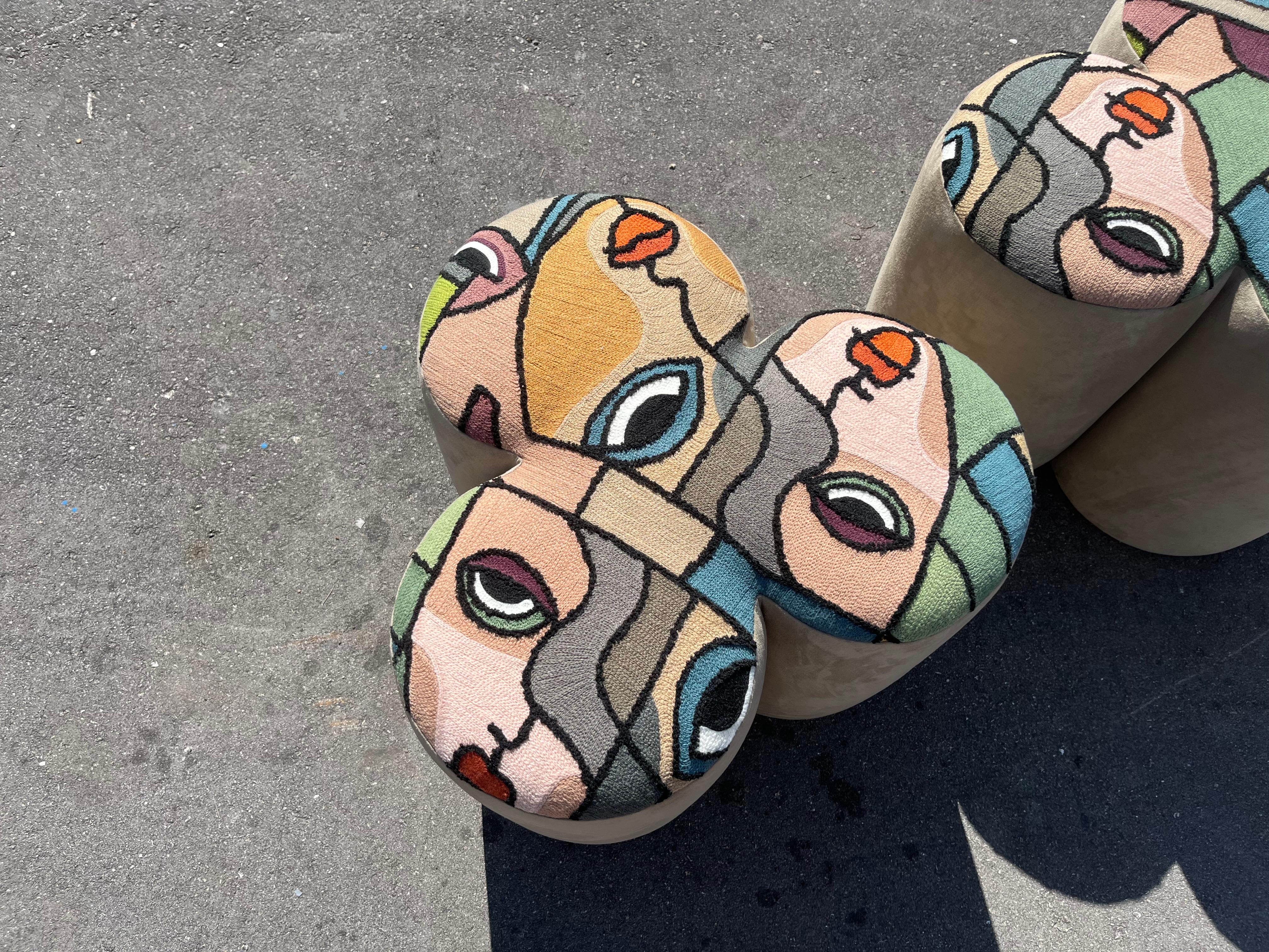 Contemporary Pair of Designer Poufs, Stools, Ottomans, Patchwork Fabric, Italy For Sale