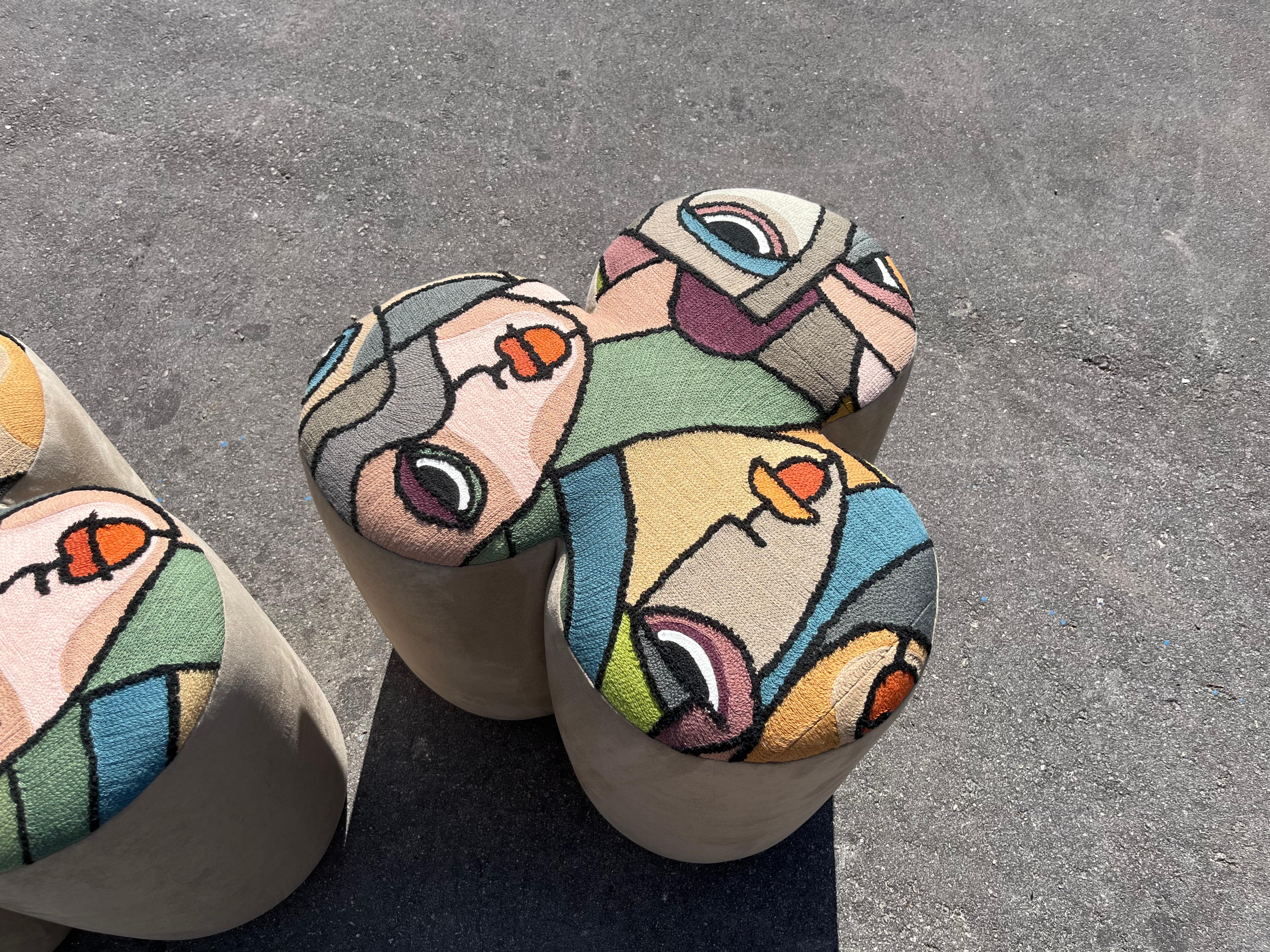 Pair of Designer Poufs, Stools, Ottomans, Patchwork Fabric, Italy For Sale 1