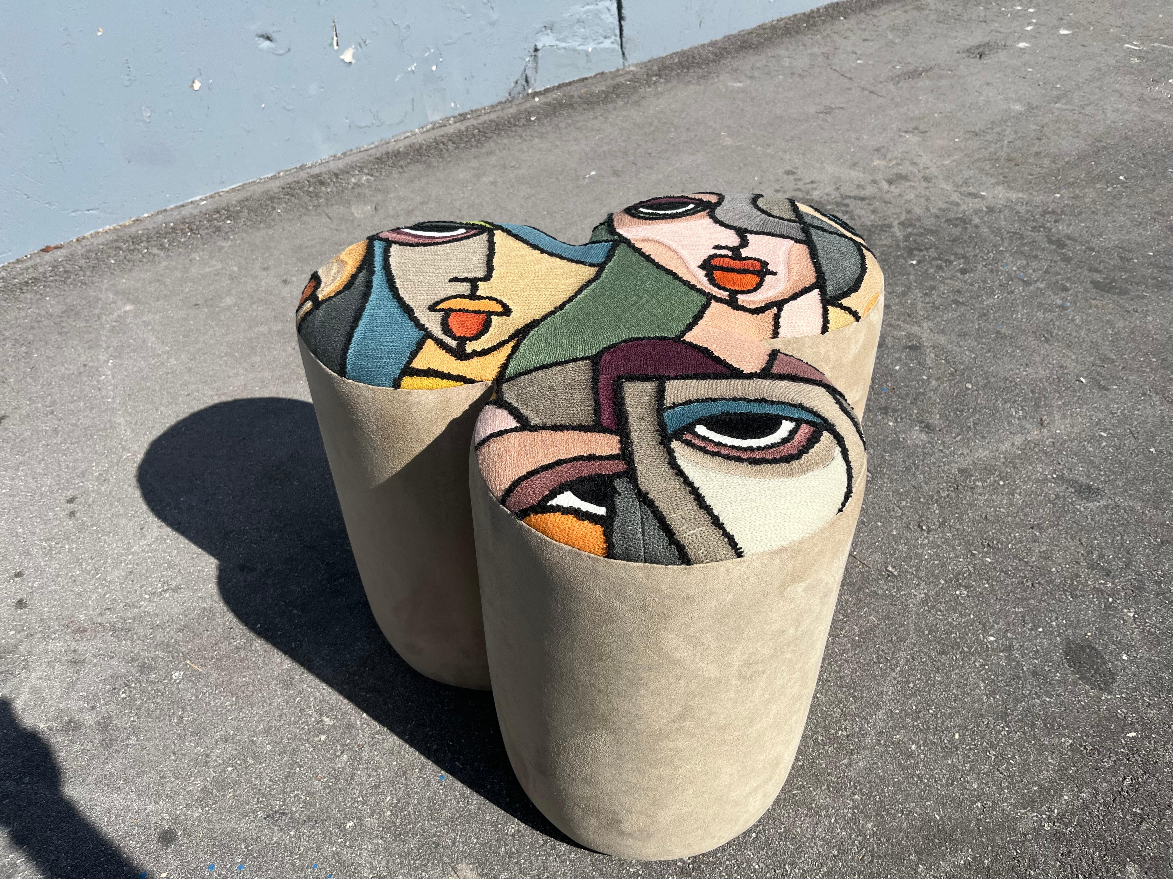 Pair of Designer Poufs, Stools, Ottomans, Patchwork Fabric, Italy For Sale 2