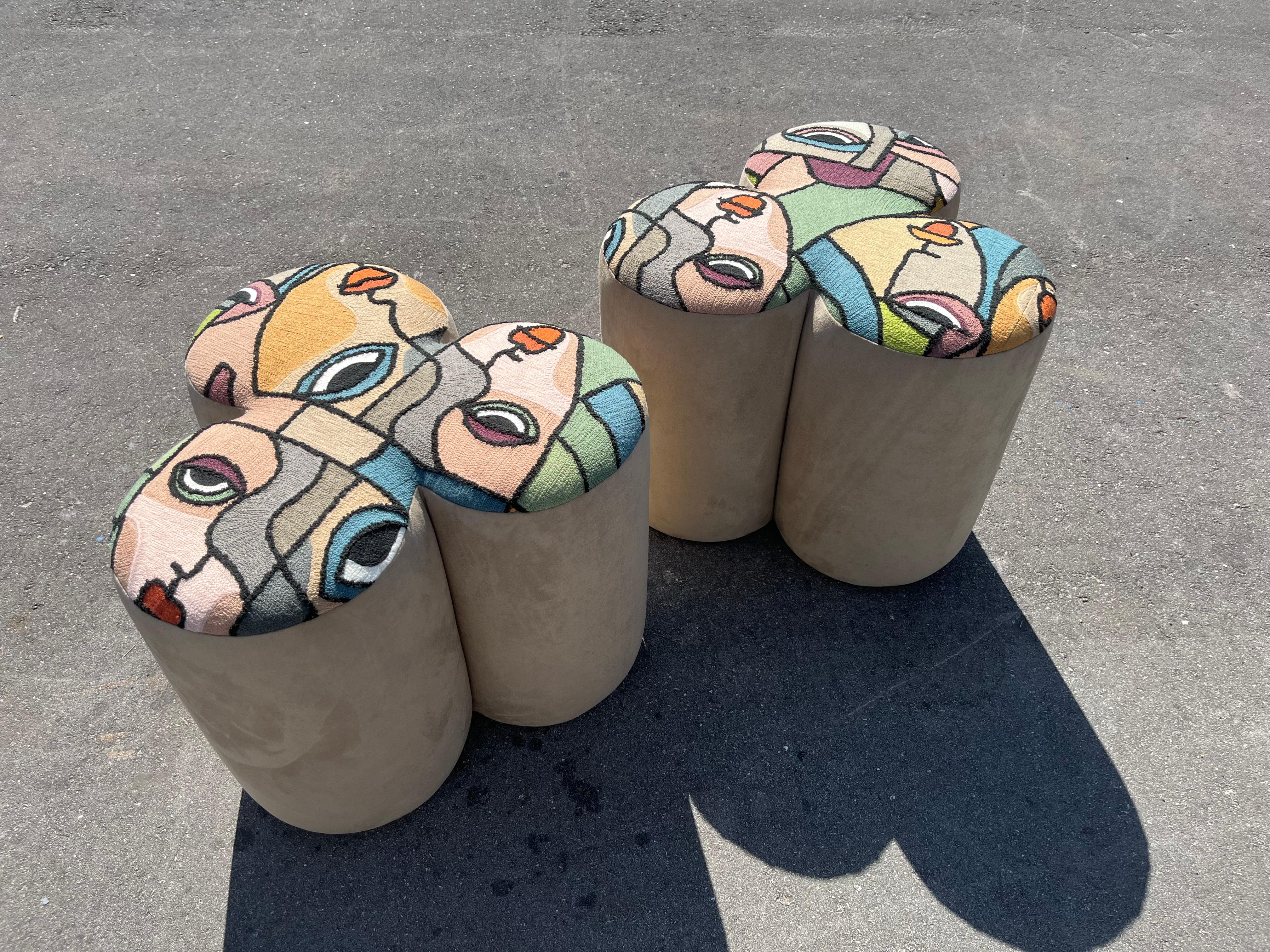 Pair of Designer Poufs, Stools, Ottomans, Patchwork Fabric, Italy For Sale 3