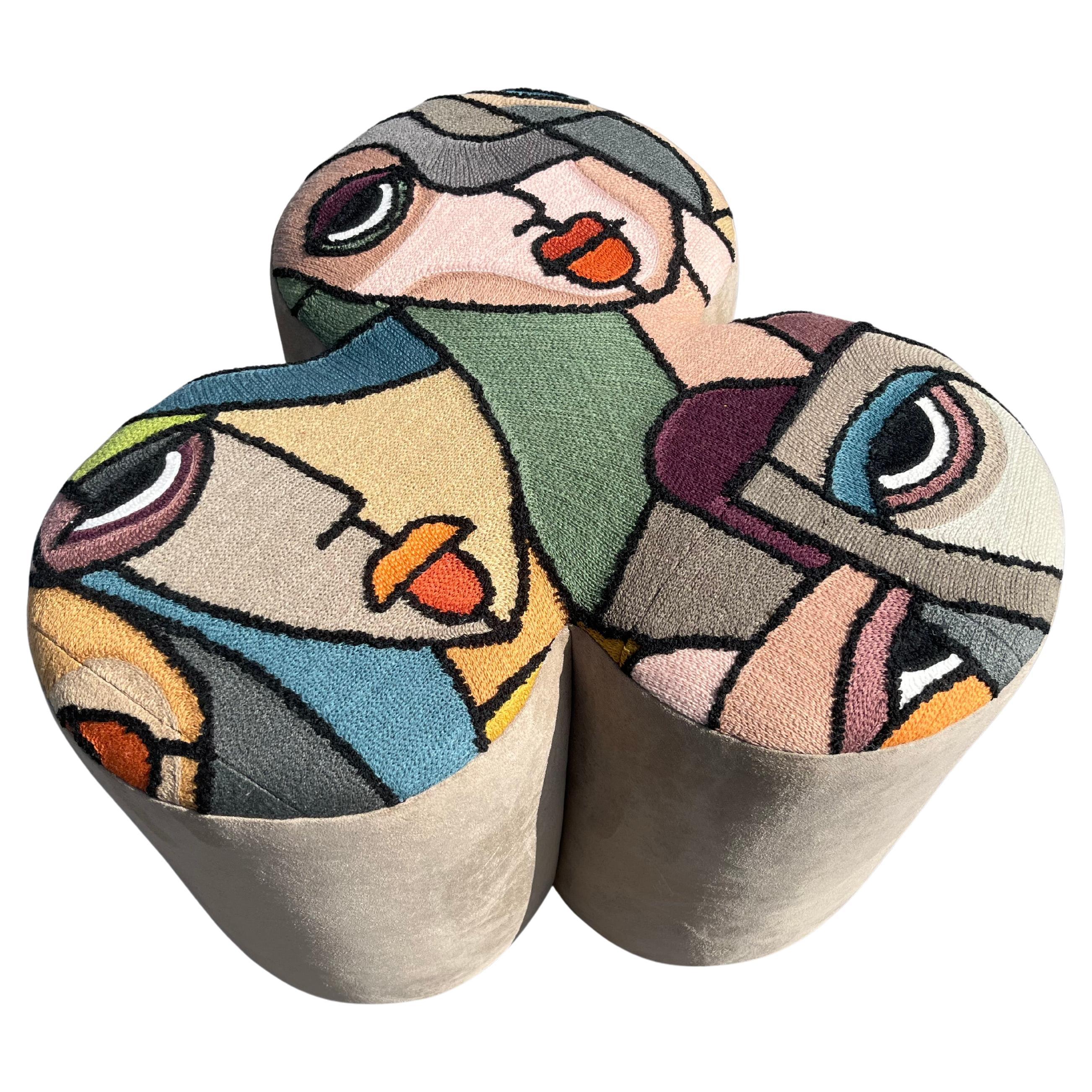 Pair of Designer Poufs, Stools, Ottomans, Patchwork Fabric, Italy For Sale