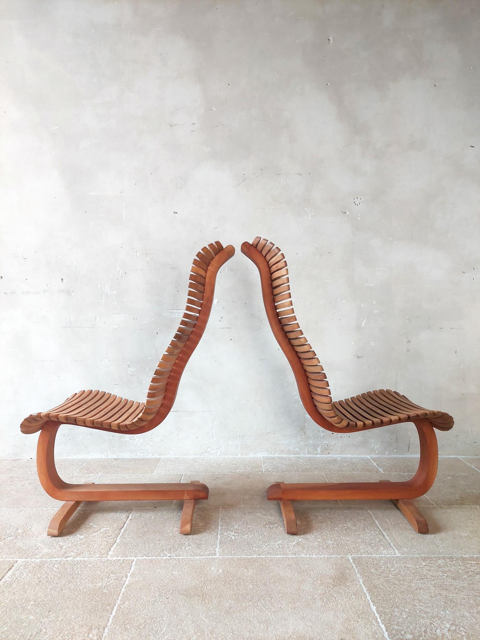 20th Century Pair of Designer Wooden Lounge Chairs