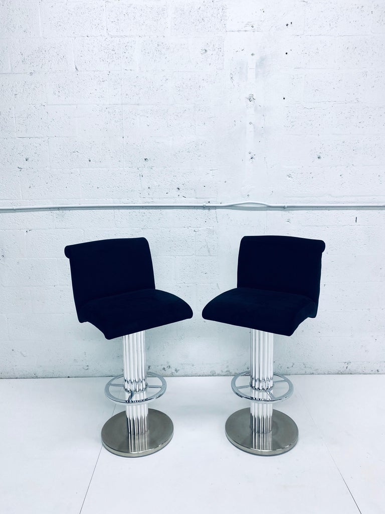 Pair of Designs for Leisure Blue UltraSuede Bar Stools at 1stDibs