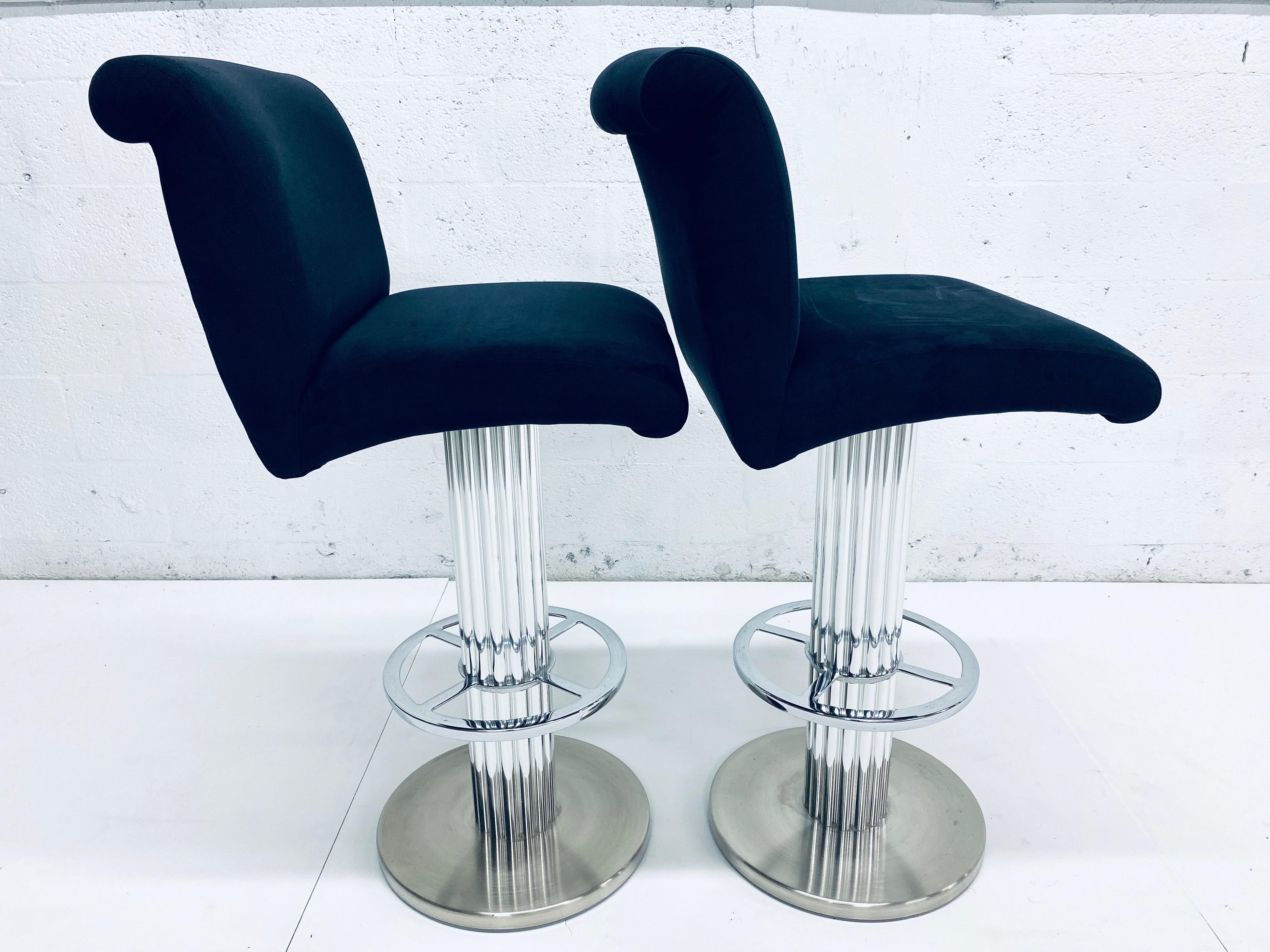 Art Deco Pair of Designs for Leisure Blue Ultra-Suede Bar Stools