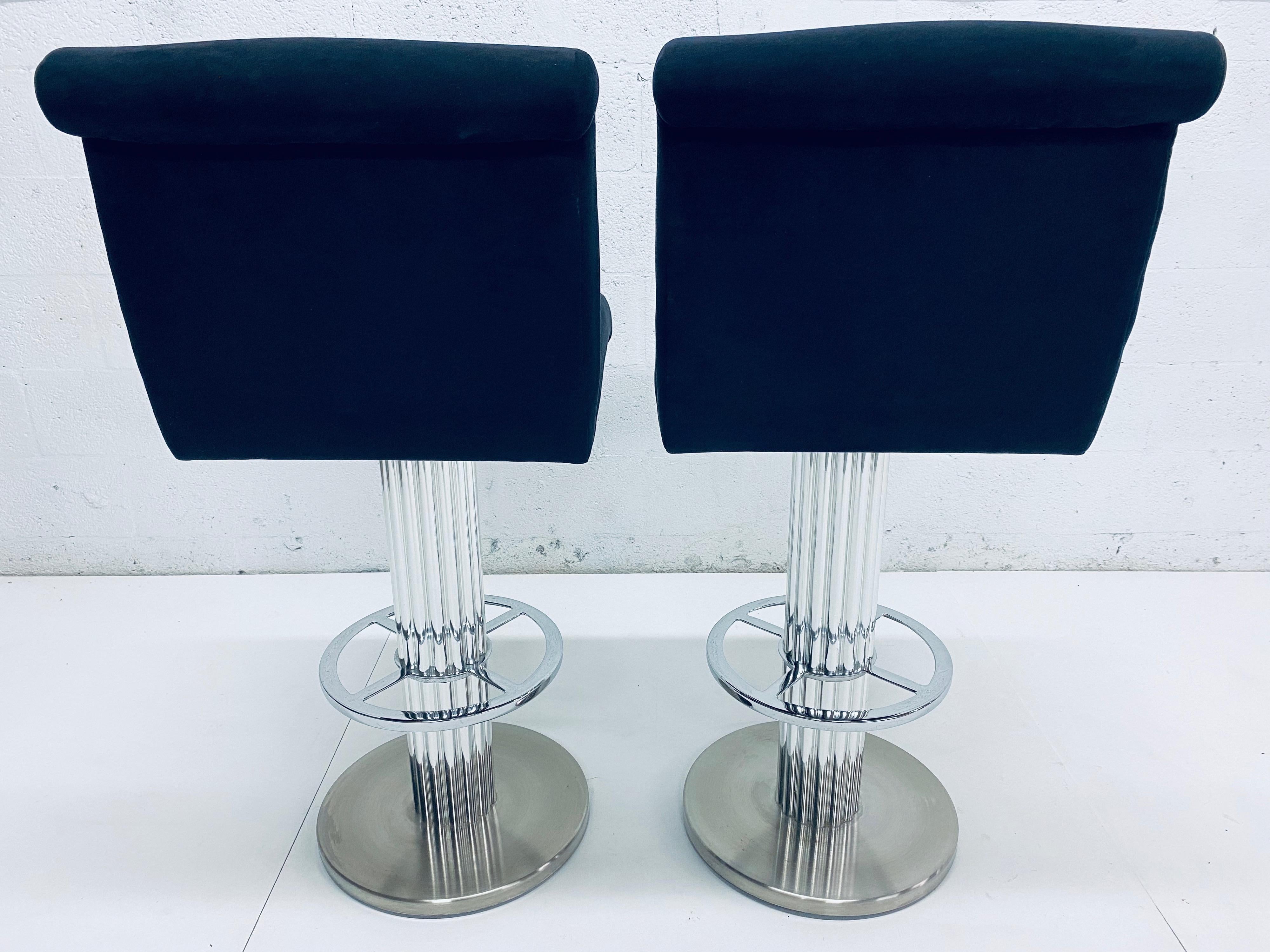 American Pair of Designs for Leisure Blue Ultra-Suede Bar Stools