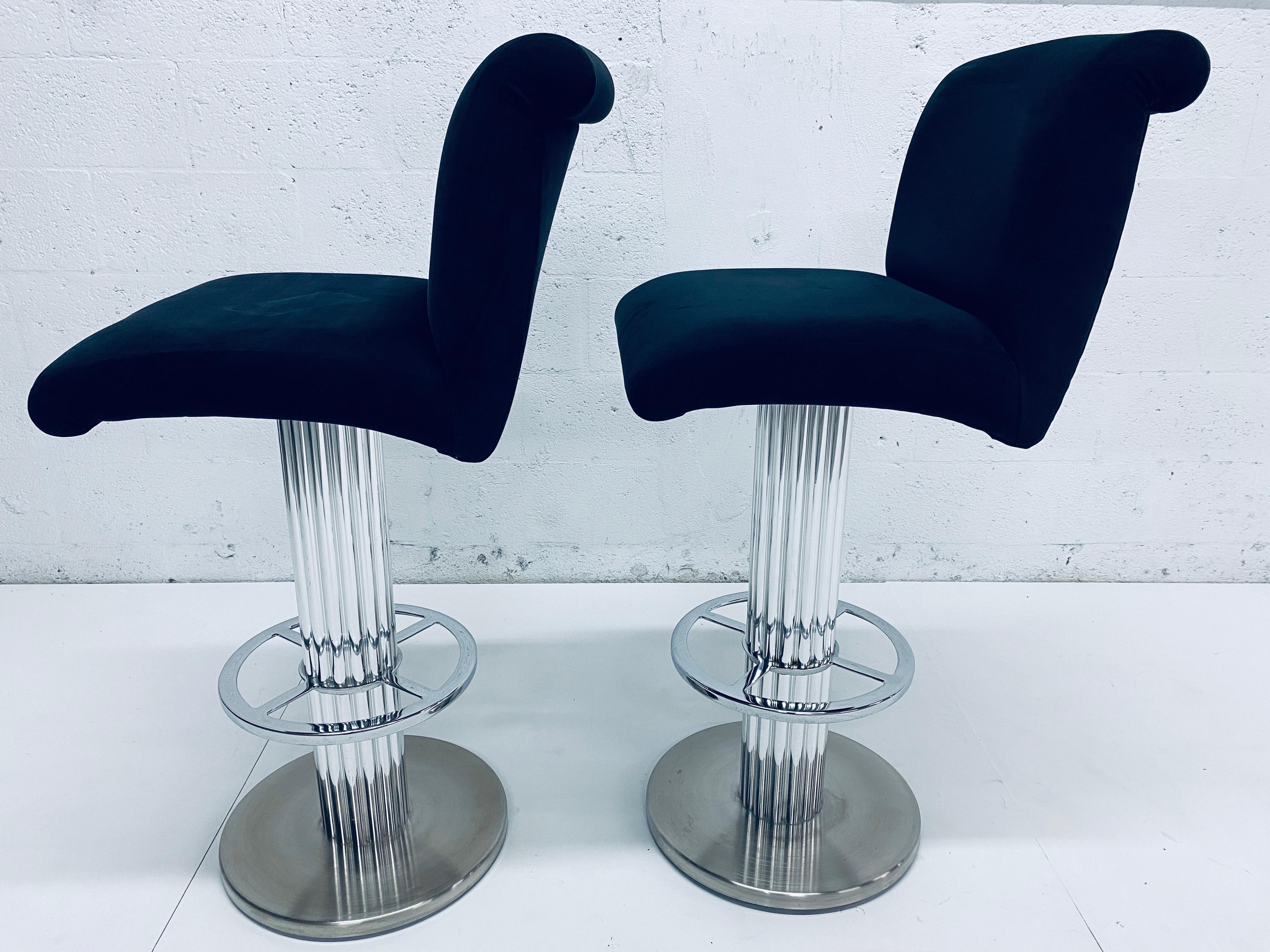 Late 20th Century Pair of Designs for Leisure Blue Ultra-Suede Bar Stools