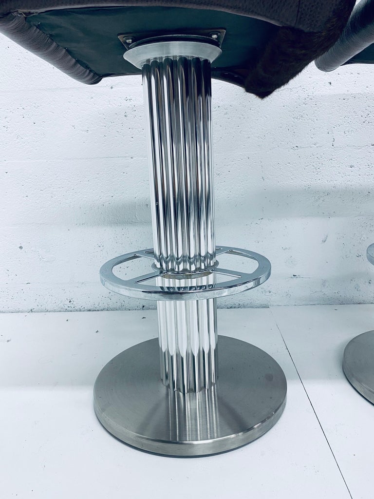 Pair of Designs for Leisure Faux Brown Leather and Fur Bar Stools