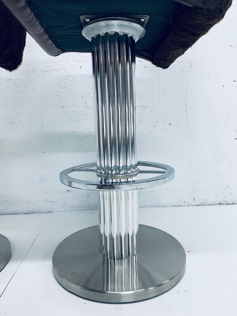 Pair of Designs for Leisure Faux Brown Leather and Fur Bar Stools