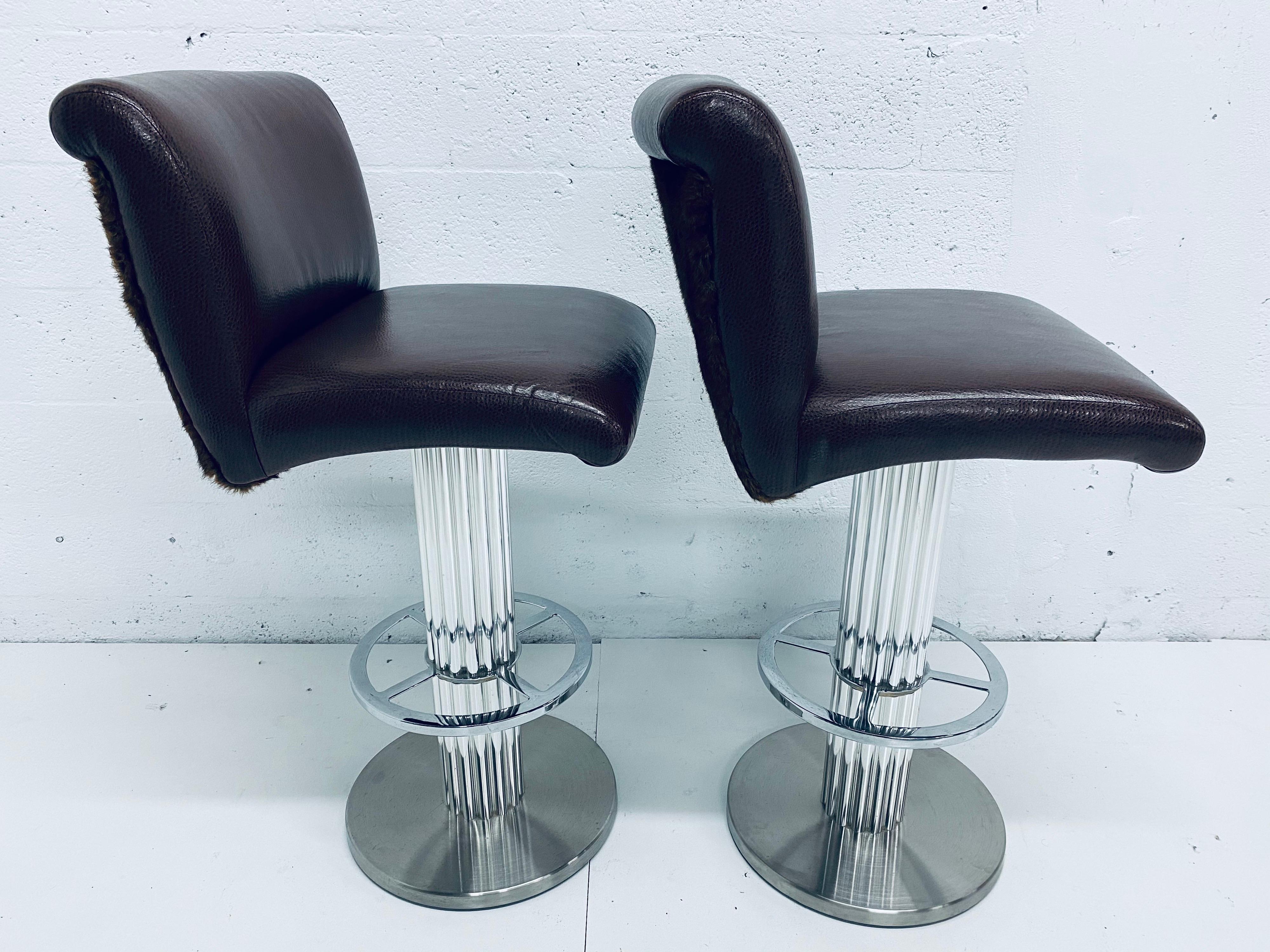 American Pair of Designs for Leisure Faux Brown Leather and Fur Bar Stools, 1970s