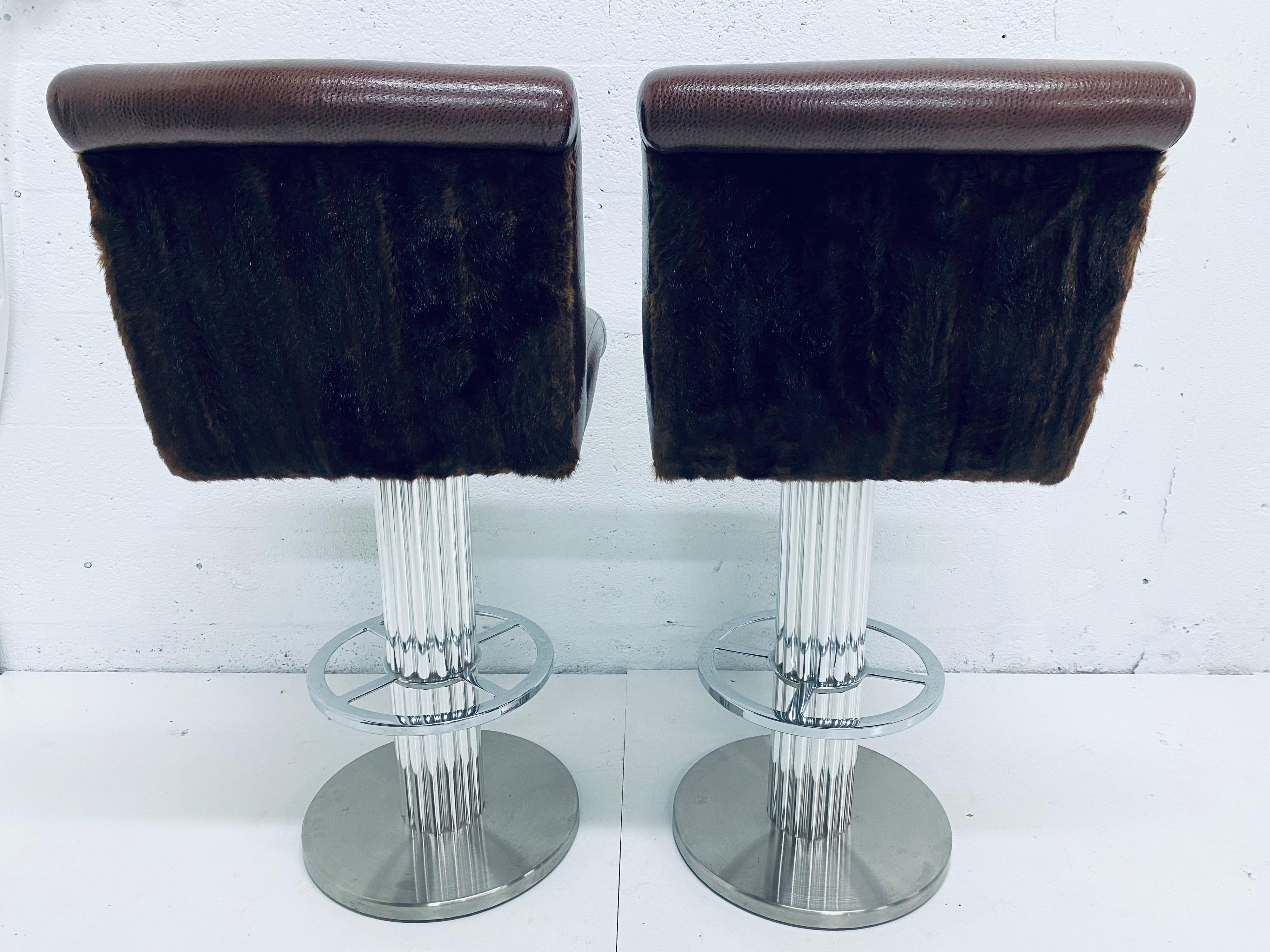 Pair of Designs for Leisure Faux Brown Leather and Fur Bar Stools, 1970s In Good Condition In Miami, FL