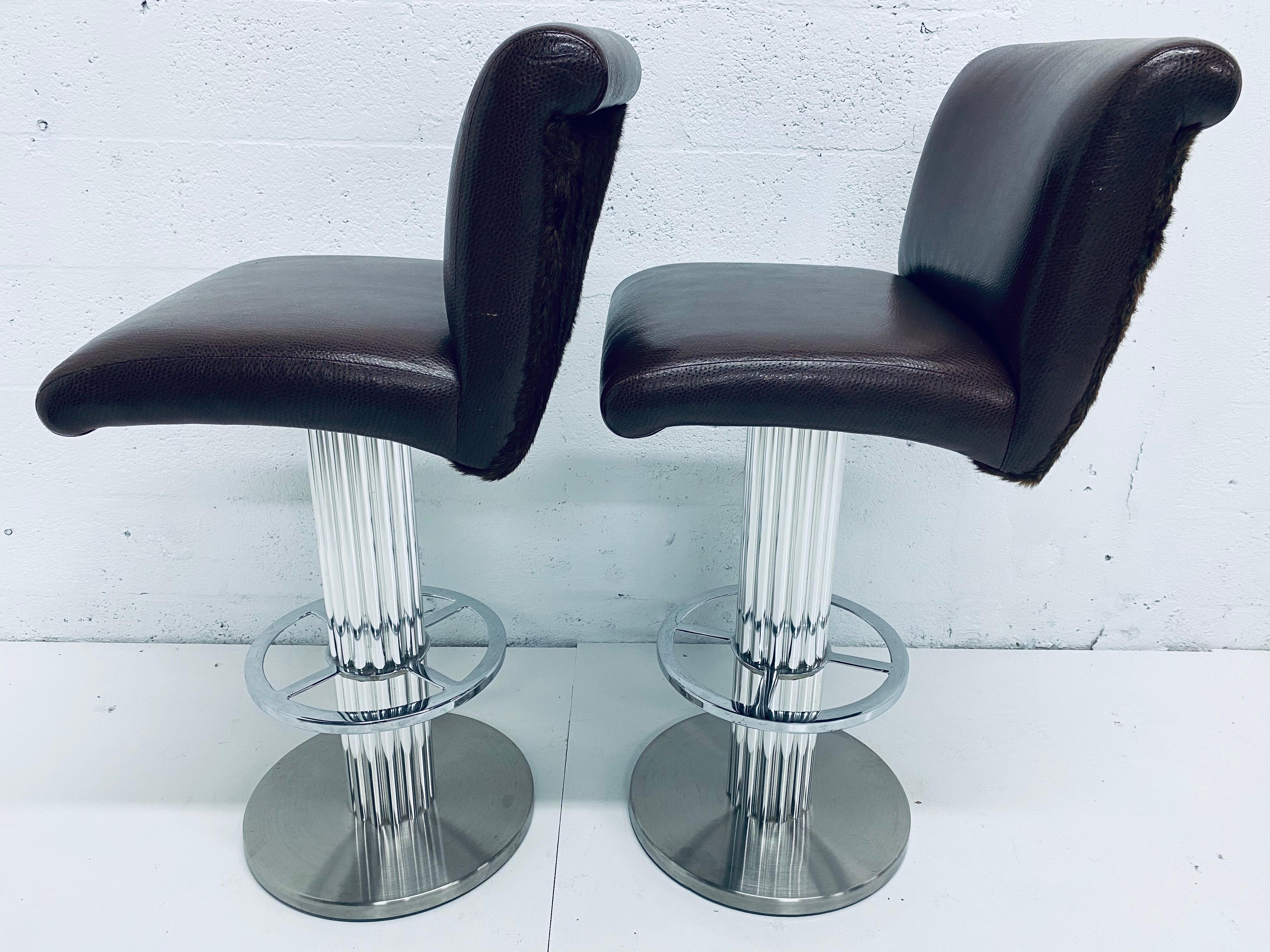 Late 20th Century Pair of Designs for Leisure Faux Brown Leather and Fur Bar Stools, 1970s