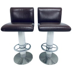 Pair of Designs for Leisure Faux Brown Leather and Fur Bar Stools, 1970s